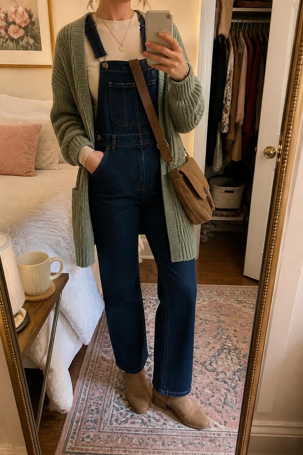 Mirror selfie of a woman wearing a soft sage-green chunky-knit cardigan over dark indigo straight-leg denim overalls, a fitted cream long-sleeve top, tan suede ankle boots, and a brown canvas crossbody bag, clearly showing the exact clothing items, colors, fabrics, and accessories listed, holding a phone in front of a feminine-themed bedroom mirror, cropped at the neck so the face does not show, relaxed casual selfie pose, warm moody lighting, an open closet with clothes visible and a coffee mug on a bedside table, casual and realistic, latest iPhone photo quality.