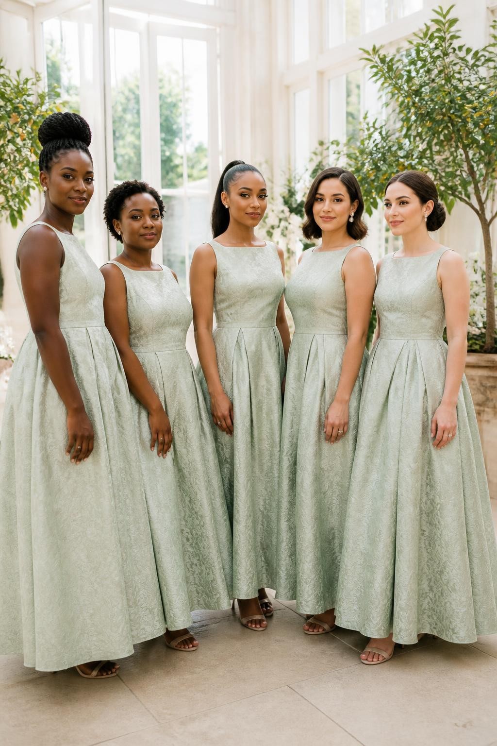 Realistic formal daytime wedding portrait of five bridesmaids wearing pale mint jacquard gowns with subtle woven botanical patterns, structured bateau and square necklines, defined waists, and full ankle-length skirts, women with deep blue-black, warm brown, cinnamon, olive, and porcelain complexions, naturally varied ages, heights, and body shapes, bright poised faces with individual features, soft natural makeup, hairstyles including a high braided bun, cropped coils, glossy ponytail, shoulder-length waves, and classic chignon, standing inside a bright orangery with tall windows, white walls, potted citrus trees, cream flowers, and pale limestone floors, directional sunlight revealing the woven design without excessive shine, realistic fabric stiffness and deep natural skirt folds, elegant DSLR fashion photography.