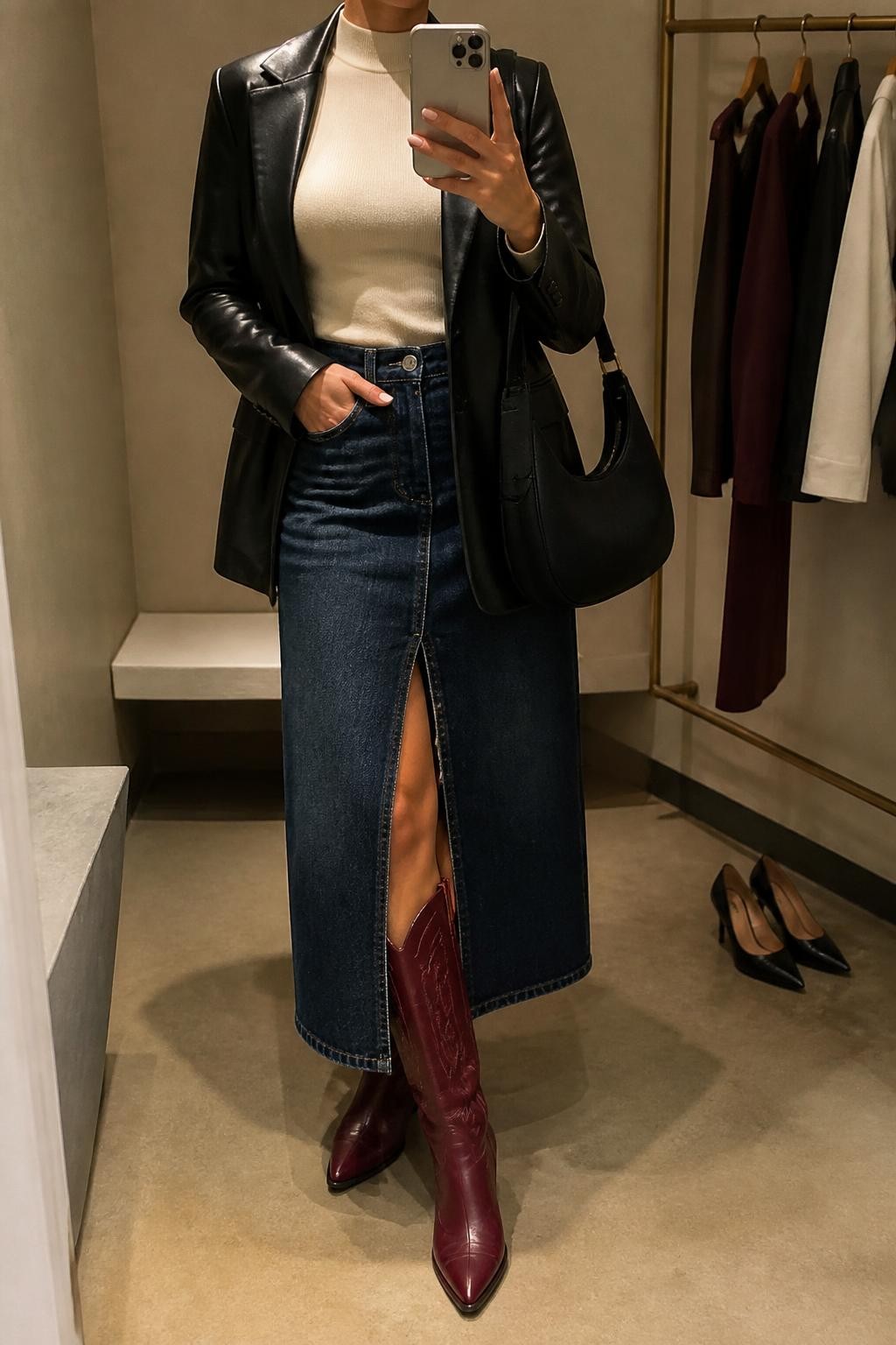 Image Prompt mirror selfie of a woman wearing an open black fitted faux-leather blazer over a cream fitted mock-neck knit top, a dark-wash front-slit denim midi skirt with the slit centered over burgundy leather cowboy boots, and a black crescent shoulder bag, clearly showing the exact clothing items, colors, fabrics, boots, and bag listed in the Outfit Pieces section, holding a phone in front of a mirror, cropped at NECK so the face does not show, relaxed polished selfie pose in a minimal dressing room, warm moody lighting, with a clothing rack holding a few garments behind her and a pair of heels on the floor nearby, realistic faux-leather, knit, denim, and leather textures, latest iPhone photo quality