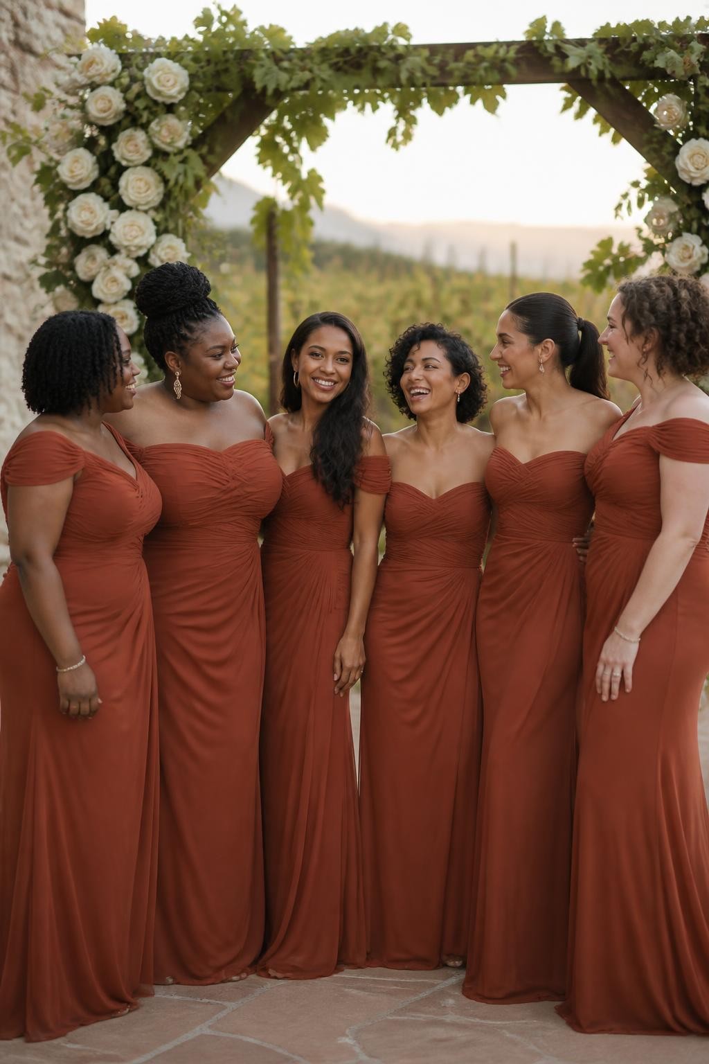 Realistic vineyard wedding photograph of six bridesmaids wearing cinnamon burnt orange off-shoulder gowns made from fine stretch mesh over opaque crepe lining, softly draped across the neckline and ruched diagonally through the bodices and waists, with fluid floor-length skirts, women with deep ebony, rich brown, medium brown, golden tan, olive, and fair skin tones, varied ages, bust sizes, heights, and body shapes represented naturally, bright joyful faces with realistic pores and individual features, hairstyles including shoulder-length coils, wrapped braided bun, long waves, short curly bob, sleek ponytail, and natural curls, standing beneath an outdoor ceremony arch surrounded by ivory roses, grapevines, pale stone walls, and warm sunset light, believable mesh transparency, subtle gathering, natural shadows, and candid interaction.