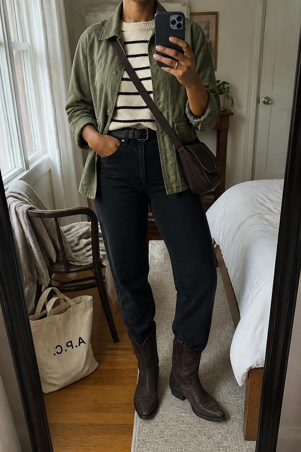 mirror selfie of a Black woman wearing an olive cotton utility jacket with the sleeves pushed slightly above the wrists over a cream and black striped knit sweater, black high-rise straight-leg jeans tucked into dark brown distressed leather cowboy boots, and a chocolate canvas crossbody bag, clearly showing the exact clothing items, colors, pattern, fabrics, boots, and bag listed in the Outfit Pieces section, holding a phone in front of a mirror, cropped at NECK so the face does not show, relaxed casual selfie pose in a cozy bedroom mirror setup, natural window light, with a folded blanket on a chair and a tote bag resting on the floor, realistic cotton, knit, denim, distressed leather, and canvas textures, latest iPhone photo quality