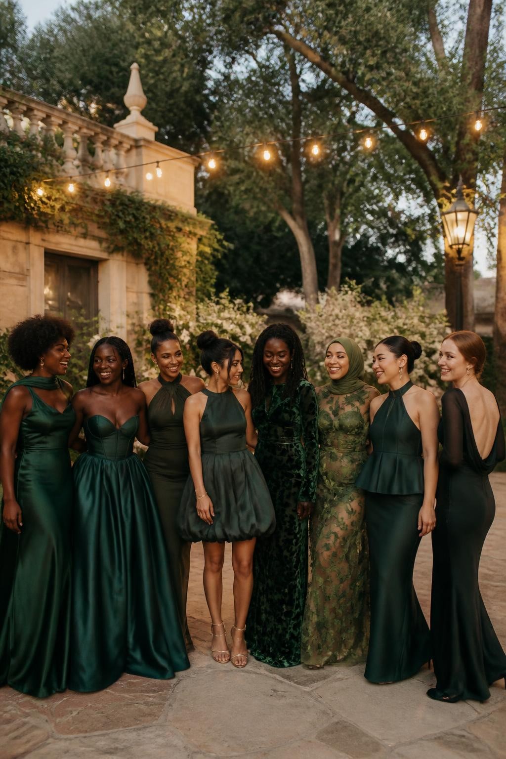 Realistic large bridal-party photograph of eight bridesmaids wearing intentionally coordinated dresses in forest, bottle green, pine, dark olive, moss, hunter, spruce, and black-green, fabrics including liquid satin, matte crepe, velvet, pleated chiffon, organza, tonal jacquard, silk faille, and fine stretch mesh, silhouettes including a shoulder-scarf satin gown, basque-waist ball gown, twisted-neck column, bubble-hem midi, botanical velvet gown, leaf-appliqué organza dress, halter peplum column, and low-back bateau gown, women with very deep, deep brown, reddish brown, golden, olive, tan, East Asian fair, and pale freckled skin tones, broad representation of ages, heights, and body shapes, bright beautiful faces and genuine laughter, hairstyles including natural coils, braids, locs, waves, sleek buns, short cuts, and softly styled hijab, standing in a lush estate courtyard with cream stone, mature trees, ivory flowers, and warm string lights, every fabric reacting differently to the evening light, realistic spacing and candid movement.