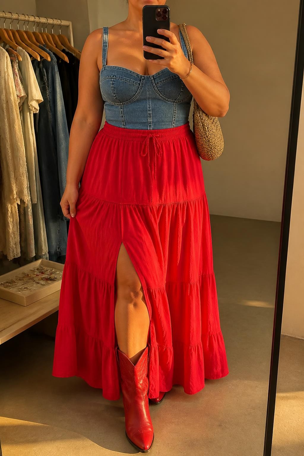 Mirror selfie of a plus size woman wearing a structured medium-wash denim corset top with wide supportive straps, a bright red high-waisted tiered cotton maxi skirt with a front slit, red leather ankle cowboy boots, and a small tan woven shoulder bag, clearly showing the exact clothing items, denim top, red cotton skirt, front slit, footwear, and accessories listed, holding a phone in front of a mirror, cropped at the neck so her face is hidden, relaxed dramatic selfie stance, in a minimal dressing room with evening golden-hour lighting, a clothing rack with garments behind her and a jewelry tray on a bench, realistic festival outfit, latest iPhone photo quality.
