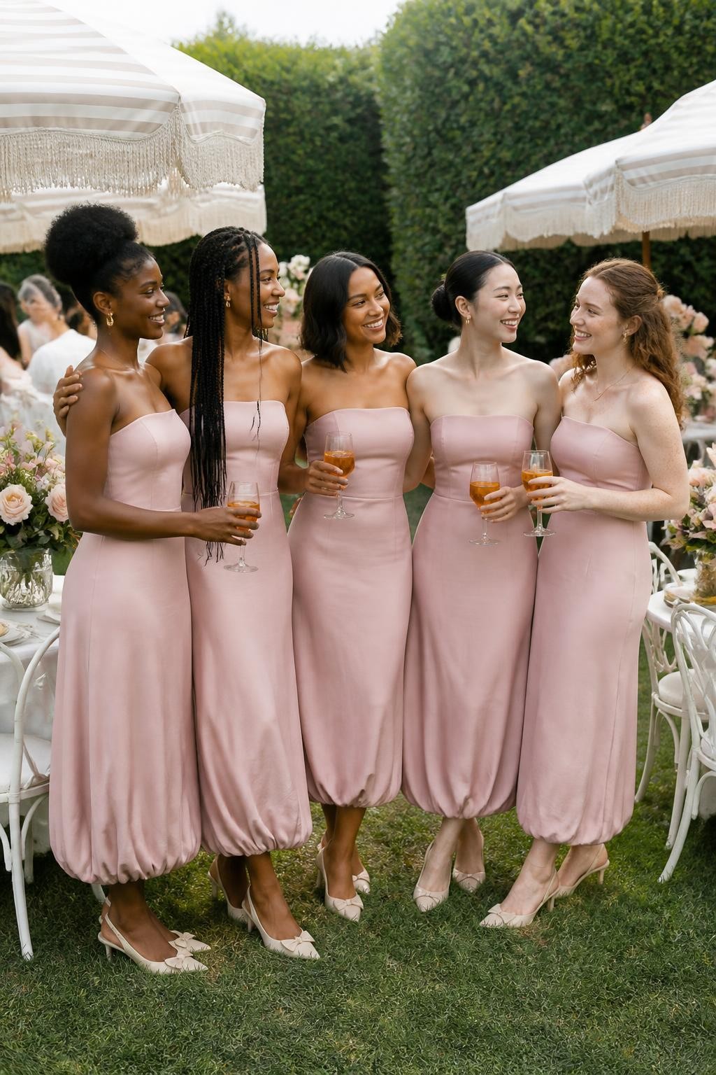 Realistic fashion-forward garden wedding photograph of five bridesmaids wearing dusty blush midi dresses with softly curved strapless necklines, elongated fitted bodices, and rounded bubble hems ending around the lower calf, women with very deep brown, dark warm brown, medium caramel, East Asian light beige, and fair freckled skin tones, naturally varied heights and body shapes, bright joyful faces with genuine smiles, realistic skin texture and understated makeup, hairstyles including a sculpted afro puff, long braids, shoulder-length bob, polished bun, and soft curls, standing at a stylish garden reception with striped cream parasols, white bistro chairs, pale roses, iced drinks, and clipped hedges, clear afternoon light, elegant slingback heels visible, authentic fabric folds, slightly irregular hand-sewn bubble hems, natural posture and believable proportions.