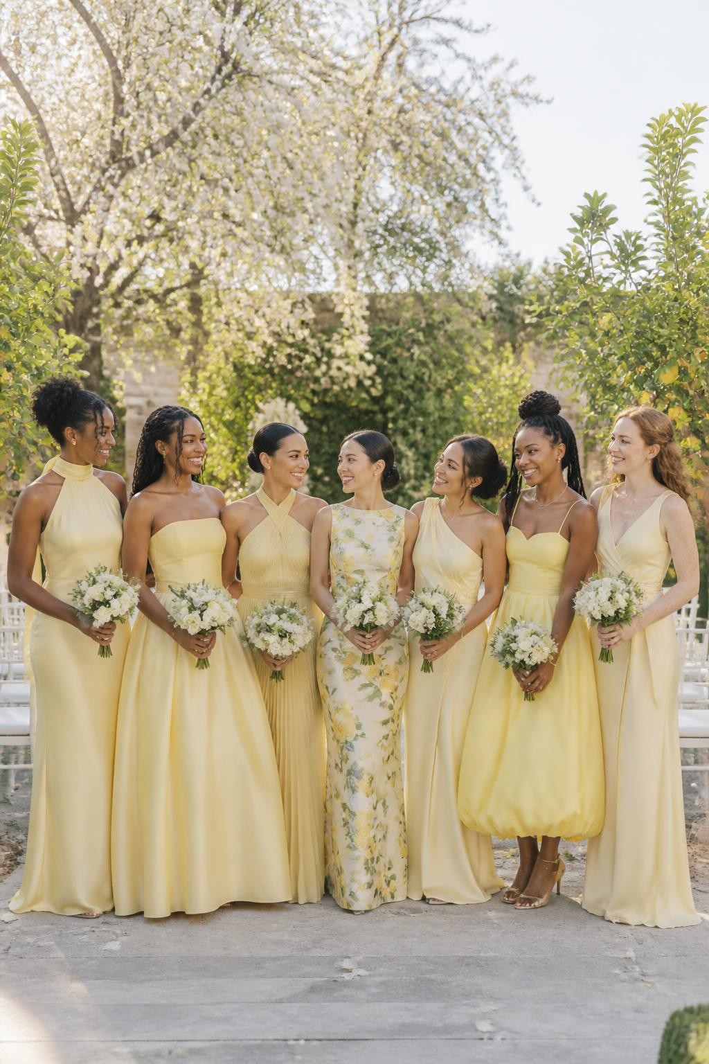 Realistic spring garden wedding photograph of six bridesmaids wearing mismatched butter yellow dresses in satin, chiffon, matte faille, and organza, silhouettes including a scarf-neck slip dress, full basque-waist gown, pleated halter, one-shoulder sash dress, bubble-hem midi, and soft wrap gown, alongside a maid of honor wearing a cream-based floor-length dress printed with large painterly yellow ranunculus and pale green leaves, women with deep ebony, dark warm brown, caramel, olive, East Asian light beige, and fair freckled complexions, different ages, heights, and body types, bright joyful faces with realistic skin detail, hairstyles including natural coils, braids, locs, sleek buns, bobs, and loose curls, standing beneath flowering trees at a garden ceremony with white chairs, lemon trees, pale stone paths, and clear natural daylight, believable textile texture and no artificial facial repetition.