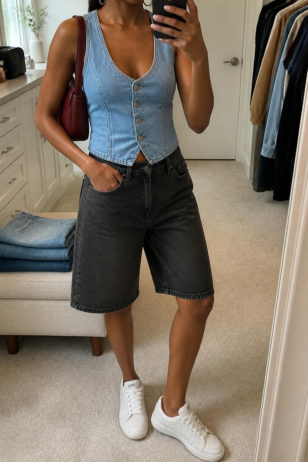 mirror selfie of a Black woman wearing vintage-washed relaxed black denim jorts, a fitted light blue button-front denim vest, slim retro white sneakers, a smooth burgundy faux leather shoulder bag and medium silver hoop earrings, wearing the exact clothing items and accessories listed with no additions, holding a phone in front of a mirror, cropped at NECK so the face does not show, relaxed casual selfie pose, in a walk-in closet mirror, natural window light, folded denim jeans on a bench and a cosmetic bag on the counter, natural lived-in latest iPhone photo quality.