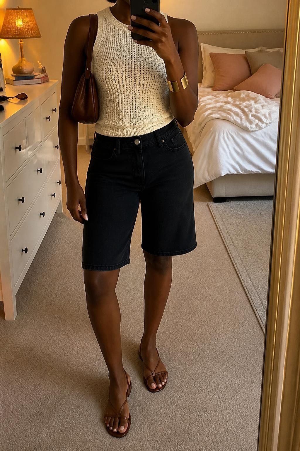 mirror selfie of a Black woman wearing straight-cut black Bermuda denim jorts, a fitted sleeveless cream crochet top, flat brown leather sandals with slim straps, a soft brown leather mini shoulder bag and a simple polished gold cuff bracelet, wearing the exact outfit described with no extra garments, holding a phone in front of a mirror, cropped at NECK so the face does not show, relaxed casual selfie pose, in a feminine-themed bedroom, evening golden hour, sunglasses placed on a dresser and soft pillows on an unmade bed, natural realistic iPhone image quality.