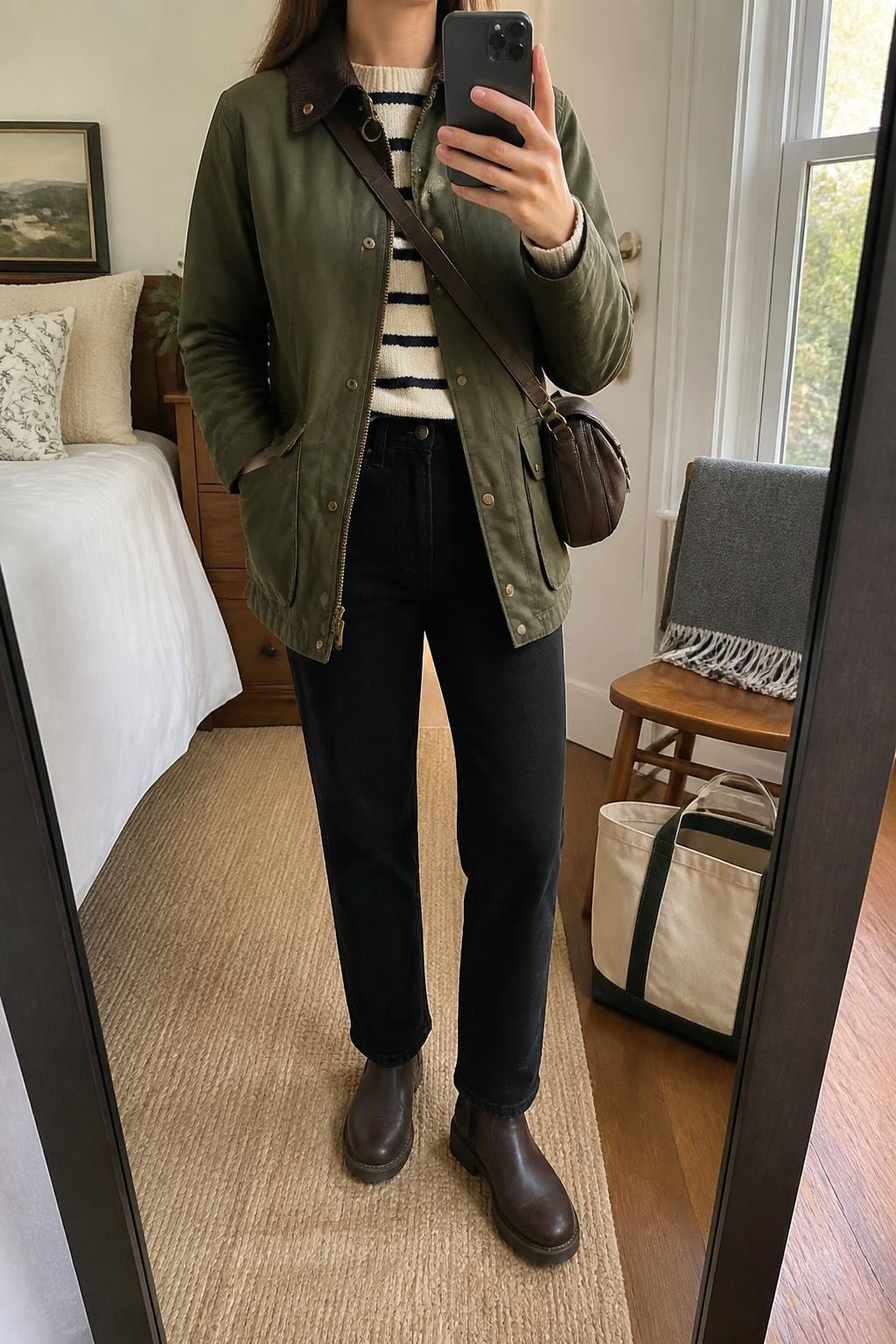 mirror selfie of a woman wearing an olive waxed cotton field jacket fastened through the middle over a cream and navy striped wool-blend sweater, black high-rise straight-leg jeans, dark brown weather-resistant leather boots, and a chocolate water-resistant crossbody bag, clearly showing the exact clothing items, colors, striped pattern, fabrics, boots, and bag listed in the Outfit Pieces section, holding a phone in front of a mirror, cropped at NECK so the face does not show, relaxed outdoor-ready selfie pose in a cozy bedroom mirror setup, natural window light, with a folded blanket on a chair and a tote bag resting on the floor, realistic waxed cotton, wool knit, denim, and leather textures, latest iPhone photo quality