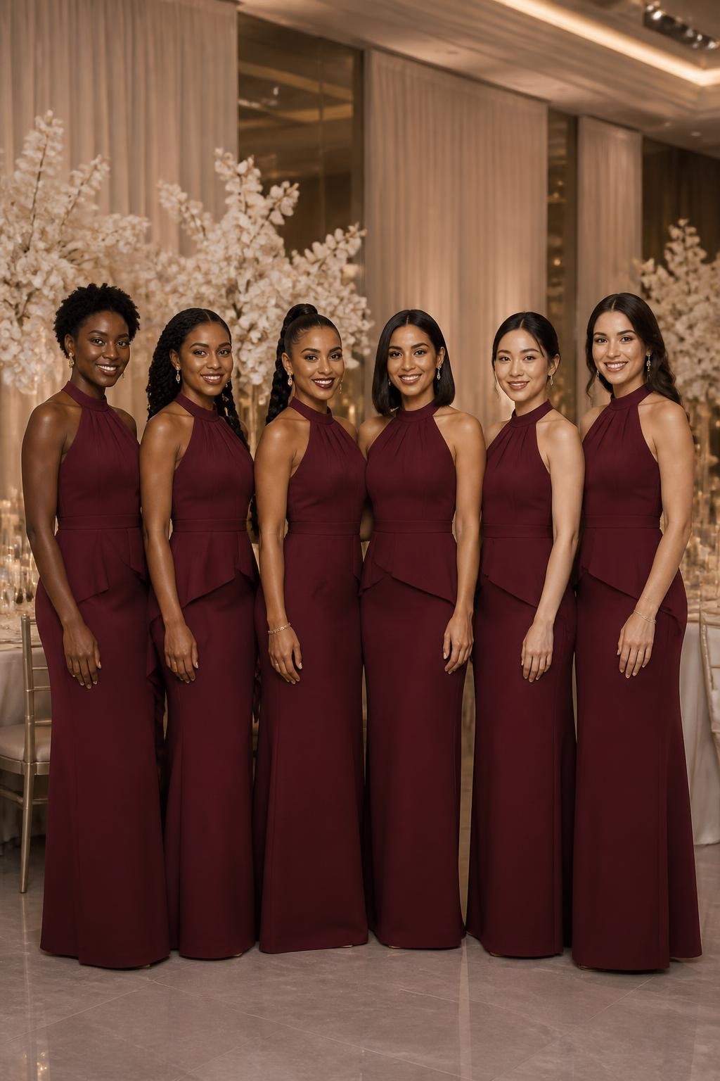 Realistic formal wedding portrait of six bridesmaids wearing mahogany-maroon matte-crepe column gowns with high gathered halter necklines, softly sculpted diagonal peplum panels at the waist, and slim floor-length skirts with discreet back slits, women with deep ebony, cool dark brown, cinnamon, golden olive, East Asian beige, and porcelain complexions, different shoulder widths, bust sizes, heights, and body shapes shown naturally, bright confident faces with realistic evening makeup and distinct features, hairstyles including cropped coils, long twists, braided ponytail, sleek bob, polished chignon, and brushed waves, standing inside a contemporary ballroom with ivory curtains, sculptural cream flowers, mirrored walls, and candlelit tables, directional lighting showing the smooth matte surface, visible seams, and believable fabric tension.