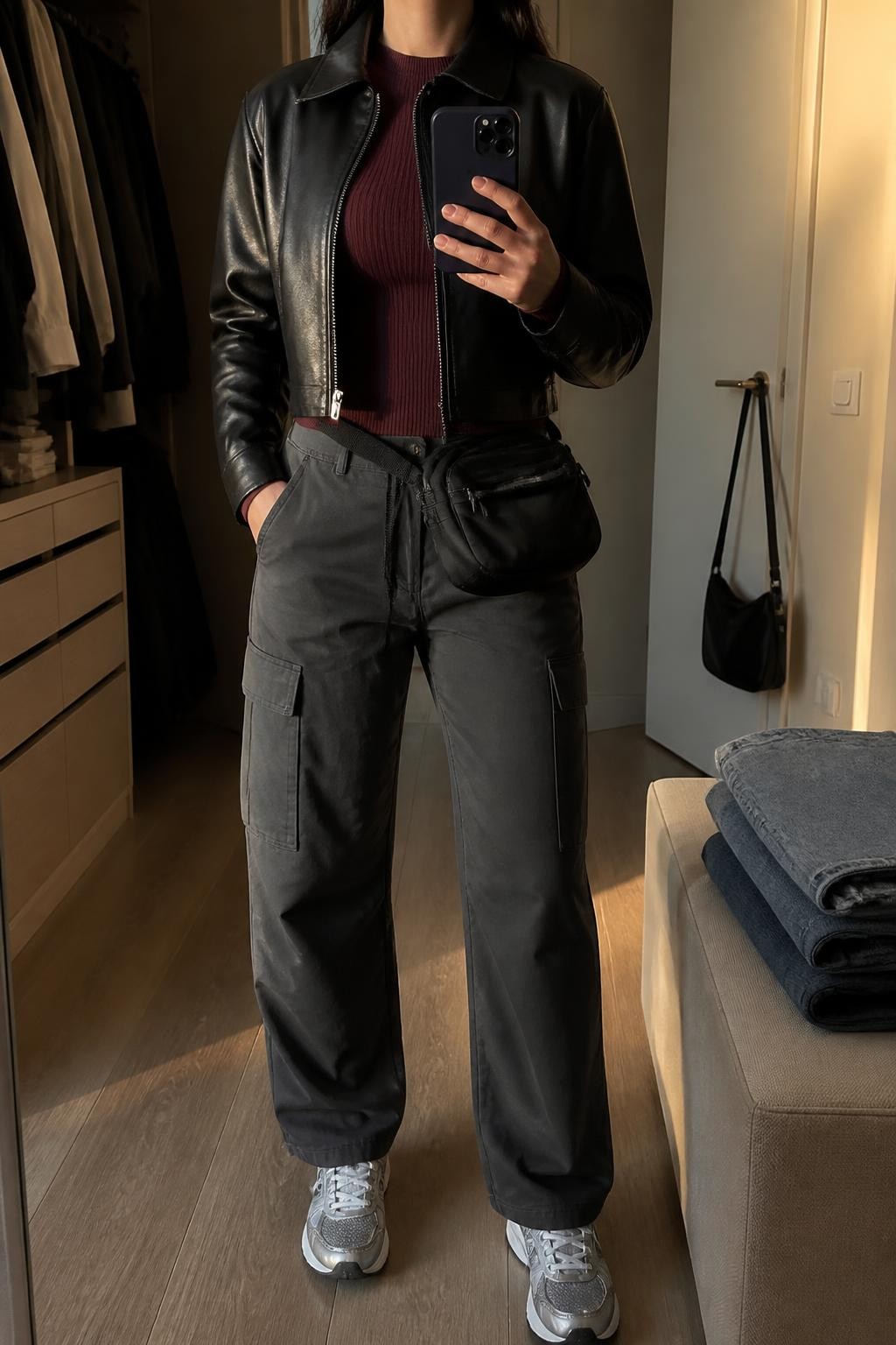 mirror selfie of a woman wearing an open black cropped faux-leather jacket over a burgundy fitted ribbed long-sleeve top, charcoal straight-leg cargo pants, gray running-style sneakers, and a black nylon crossbody bag resting near the waist, clearly showing the exact clothing items, colors, fabrics, sneakers, and bag listed in the Outfit Pieces section, holding a phone in front of a mirror, cropped at NECK so the face does not show, relaxed confident selfie pose in a walk-in closet mirror, evening golden hour light, with folded denim jeans on a bench and a handbag hanging on a door handle, realistic faux-leather, ribbed knit, cargo cotton, mesh, rubber, and nylon textures, latest iPhone photo quality