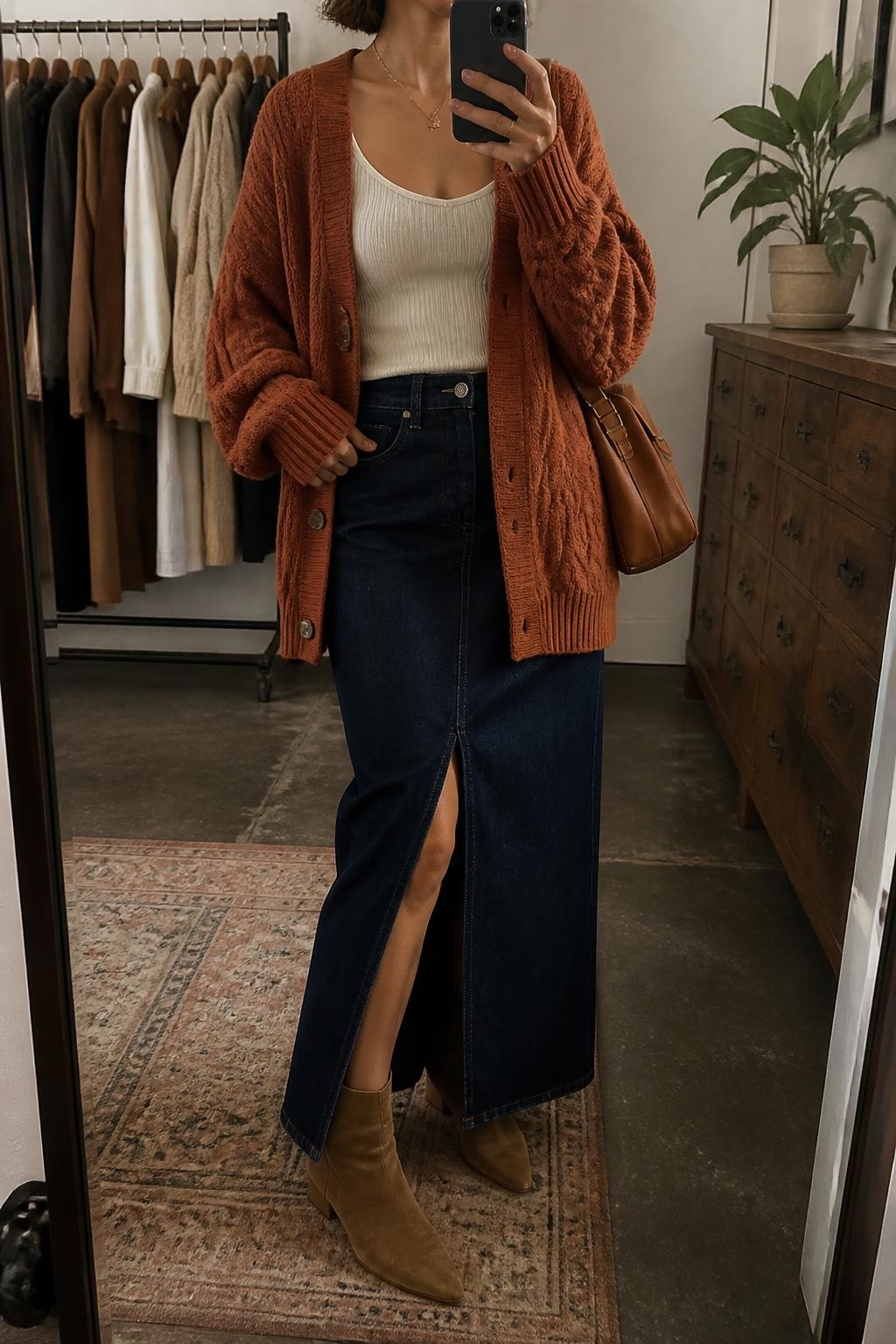 Mirror selfie of a woman wearing an oversized rust-orange cable-knit cardigan over a fitted ivory tank top, a dark indigo denim maxi skirt with a front slit, tan suede ankle boots, and a cognac leather shoulder bag, clearly showing the exact clothing items, colors, fabrics, and accessories listed, holding a phone in front of a fashion studio mirror corner, cropped at the neck so the face does not show, relaxed casual selfie pose, warm moody lighting, a clothing rack with garments behind and a small plant on a dresser, believable editorial setting, latest iPhone photo quality.