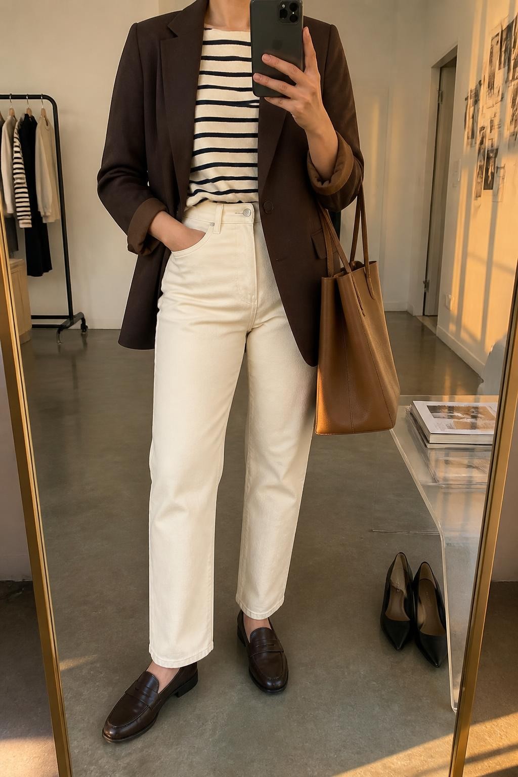 mirror selfie of a curvy woman wearing an open chocolate brown single-breasted blazer with the sleeves cuffed once over a cream and navy striped crewneck top tucked into ecru high-rise straight-leg jeans, dark brown leather loafers, and a tan structured tote bag, clearly showing the exact clothing items, colors, pattern, fabrics, shoes, and bag listed in the Outfit Pieces section, holding a phone in front of a mirror, cropped at NECK so the face does not show, relaxed business casual selfie pose in a fashion studio mirror corner, evening golden hour light, with a pair of heels on the floor nearby and a stack of fashion magazines on a side table, realistic blazer, cotton, denim, and leather textures, latest iPhone photo quality