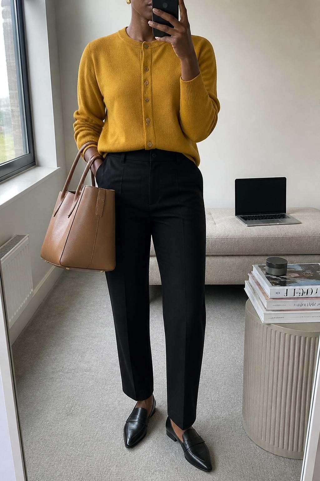 Mirror selfie of a Black woman wearing a mustard-yellow button-front cardigan, high-waisted black tailored straight-leg trousers, black pointed-toe leather loafers, a structured tan tote bag, and small gold stud earrings, clearly showing the exact clothing items, colors, fabrics, and accessories listed, holding a phone in front of a minimal dressing room mirror, cropped at the neck so the face does not show, relaxed casual selfie pose, natural window light, a stack of fashion magazines on a side table and a laptop on a bench, polished and realistic, latest iPhone photo quality.