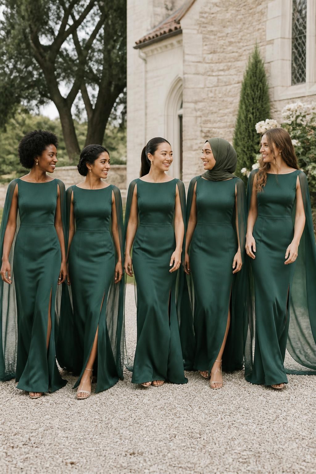 Realistic outdoor wedding photograph of five bridesmaids wearing spruce green matte-satin gowns with clean boat necklines, sleeveless fitted bodices, softly defined waists, and long split chiffon cape panels falling from the shoulders down the back, women of West African, South Asian, East Asian, Middle Eastern, and European appearance with deep, golden brown, olive, tan, and fair complexions, bright expressive faces with individual features, realistic skin texture and subtle makeup, hairstyles including natural coils, a braided crown, softly wrapped hijab, polished ponytail, and loose waves, walking beside a pale stone countryside chapel surrounded by mature trees, ivory flowers, and clipped hedges, light breeze lifting the cape panels naturally, visible chiffon transparency, gentle shadows, and believable body proportions.