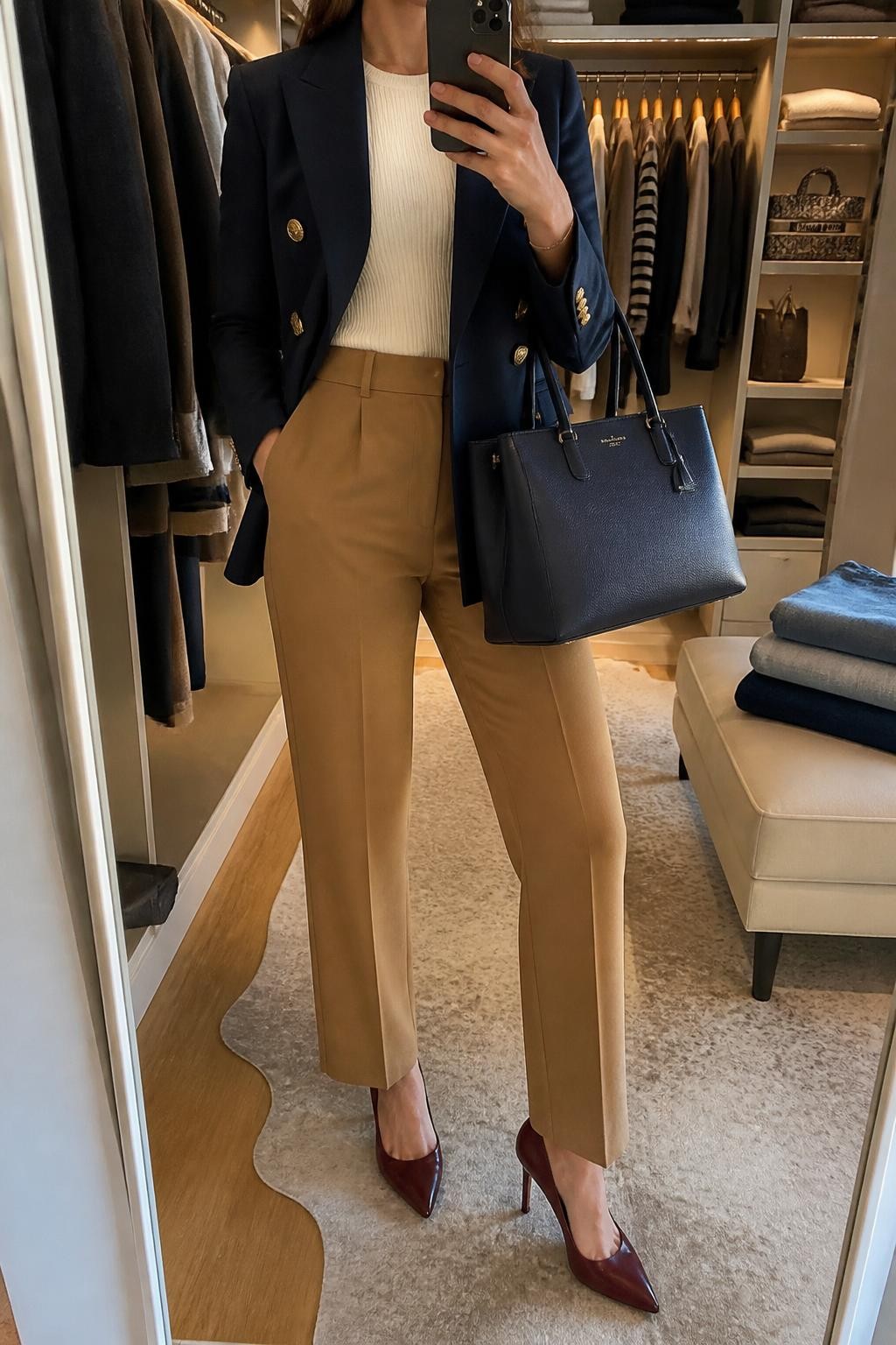 Mirror selfie of a woman wearing tailored camel straight-leg trousers, a fitted cream crew-neck knit top, a navy double-breasted blazer with gold buttons, burgundy leather pumps, and a structured navy tote bag, clearly showing the exact clothing items, colors, fabrics, and accessories listed, holding a phone in front of a walk-in closet mirror, cropped at the neck so the face does not show, relaxed confident selfie pose, evening golden-hour lighting, an open closet with clothes visible and folded denim jeans on a bench, realistic and polished, latest iPhone photo quality.