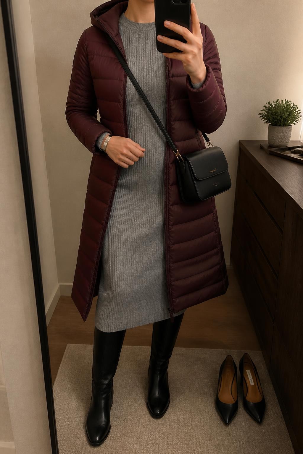mirror selfie of a woman wearing an open burgundy knee-length quilted puffer coat over a heather gray ribbed long-sleeve midi sweater dress, black weather-resistant knee-high boots, a black structured crossbody bag, and a slim silver cuff bracelet, clearly showing the exact clothing items, colors, fabrics, boots, bag, and bracelet listed in the Outfit Pieces section, holding a phone in front of a mirror, cropped at NECK so the face does not show, relaxed polished selfie pose in a minimal dressing room, warm moody lighting, with a pair of heels on the floor nearby and a small plant on a dresser, realistic quilting, ribbed knit, leather, and silver textures, natural unstaged mirror photo, latest iPhone photo quality