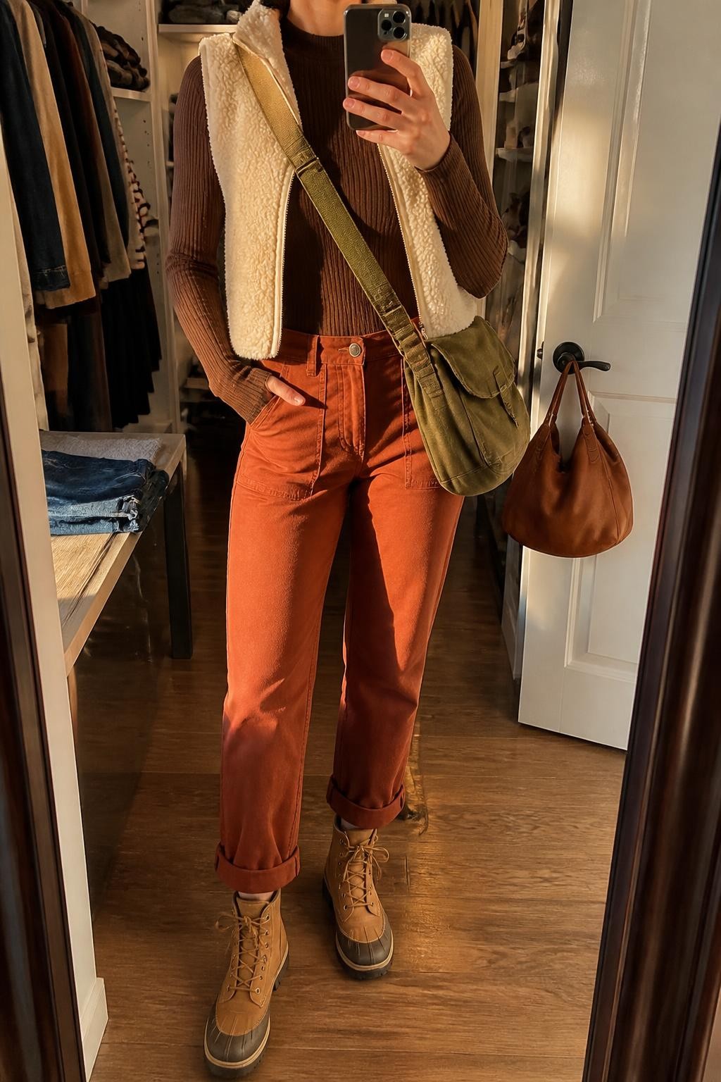 mirror selfie of a woman wearing an open cream cropped sherpa vest over a chocolate fitted long-sleeve ribbed top, rust straight-leg utility trousers rolled once above tan weather-resistant lace-up boots, and an olive canvas crossbody bag, clearly showing the exact clothing items, colors, fabrics, boots, and bag listed in the Outfit Pieces section, holding a phone in front of a mirror, cropped at NECK so the face does not show, relaxed outdoor-ready selfie pose in a walk-in closet mirror, evening golden hour light, with folded denim jeans on a bench and a handbag hanging on a door handle, realistic sherpa, ribbed knit, utility cotton, leather, and canvas textures, latest iPhone photo quality