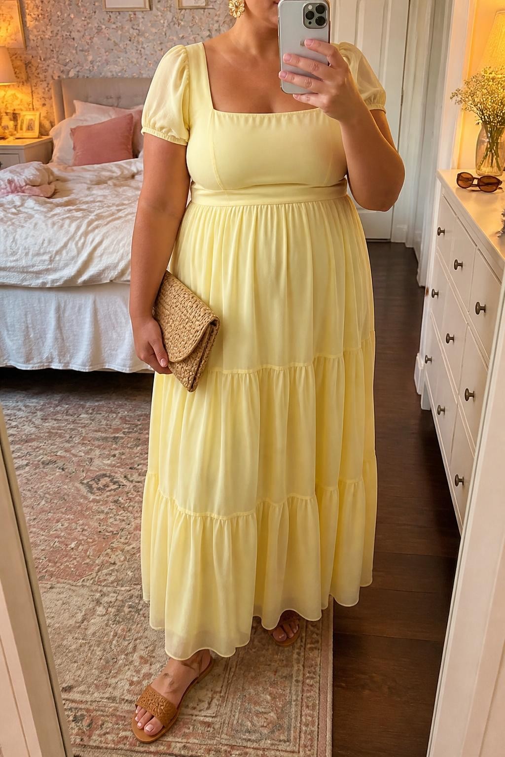 Mirror selfie of a plus size woman wearing a butter yellow chiffon maxi dress with short puff sleeves, a square neckline, a fitted empire waist, and a softly tiered skirt, tan woven flat sandals, a natural raffia clutch, and small gold floral earrings, clearly showing the exact dress, yellow chiffon, tiered shape, tan footwear, woven clutch, and accessories listed, holding a phone in front of a mirror, cropped at the neck so the face is hidden, relaxed cheerful selfie pose, in a feminine-themed bedroom with evening golden-hour lighting, soft pillows on an unmade bed and sunglasses placed on a dresser, realistic garden baby shower outfit, latest iPhone photo quality.