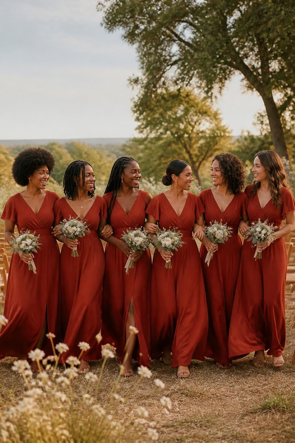Realistic countryside wedding photograph of six bridesmaids wearing warm brick red chiffon wrap dresses with crossed V-necklines, adjustable waist ties, flutter sleeves, and flowing floor-length skirts, women with deep ebony, rich brown, medium brown, golden tan, olive, and fair skin tones, varied ages, bust sizes, heights, and body shapes represented naturally, bright friendly faces, realistic skin texture and light makeup, hairstyles including a rounded afro, shoulder-length locs, long braids, smooth low bun, layered curls, and loose waves, standing in an open meadow ceremony space with cream wildflowers, wooden chairs, mature trees, and a warm late-afternoon sky, light wind moving the sleeves and skirts, authentic chiffon transparency and candid group interaction.