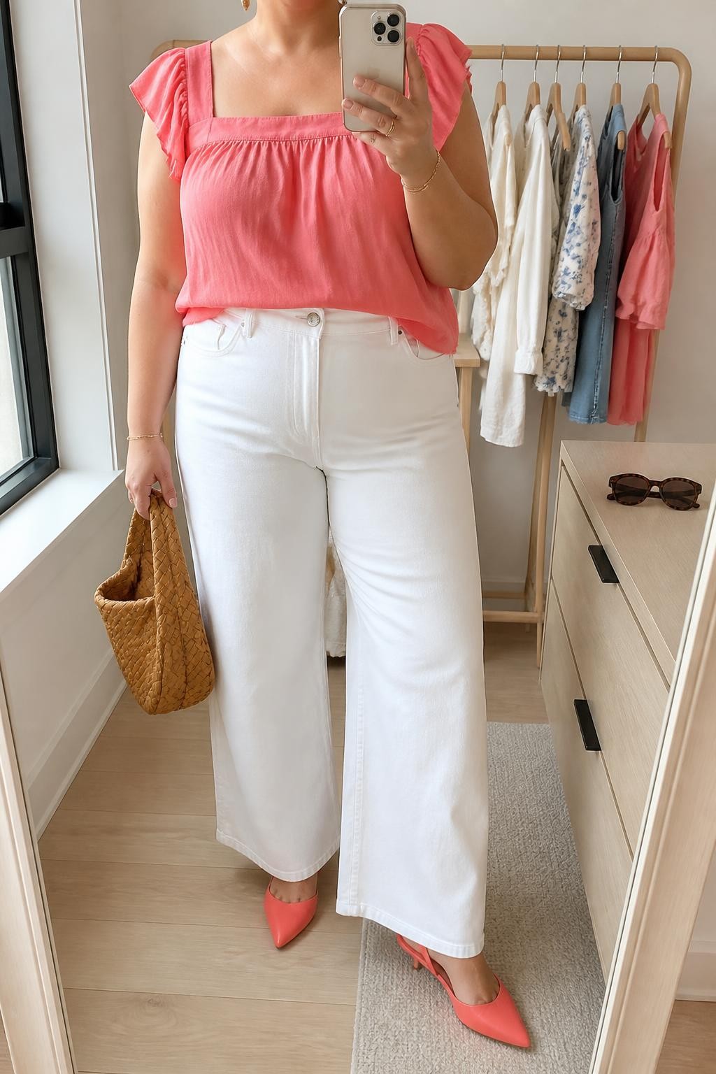 Mirror selfie of a plus size woman wearing crisp white high-waisted wide-leg jeans, a coral pink blouse with a square neckline and short ruffled sleeves, coral pointed slingback flats, a tan woven handbag, and delicate gold stud earrings, clearly showing the exact clothing items, white denim, coral blouse, ruffle details, footwear, and accessories listed, holding a phone in front of a mirror, cropped at the neck so the face does not appear, relaxed bright selfie pose, in a minimal dressing room with natural window light, a clothing rack with garments behind her and sunglasses placed on a dresser, realistic spring brunch outfit, latest iPhone photo quality.