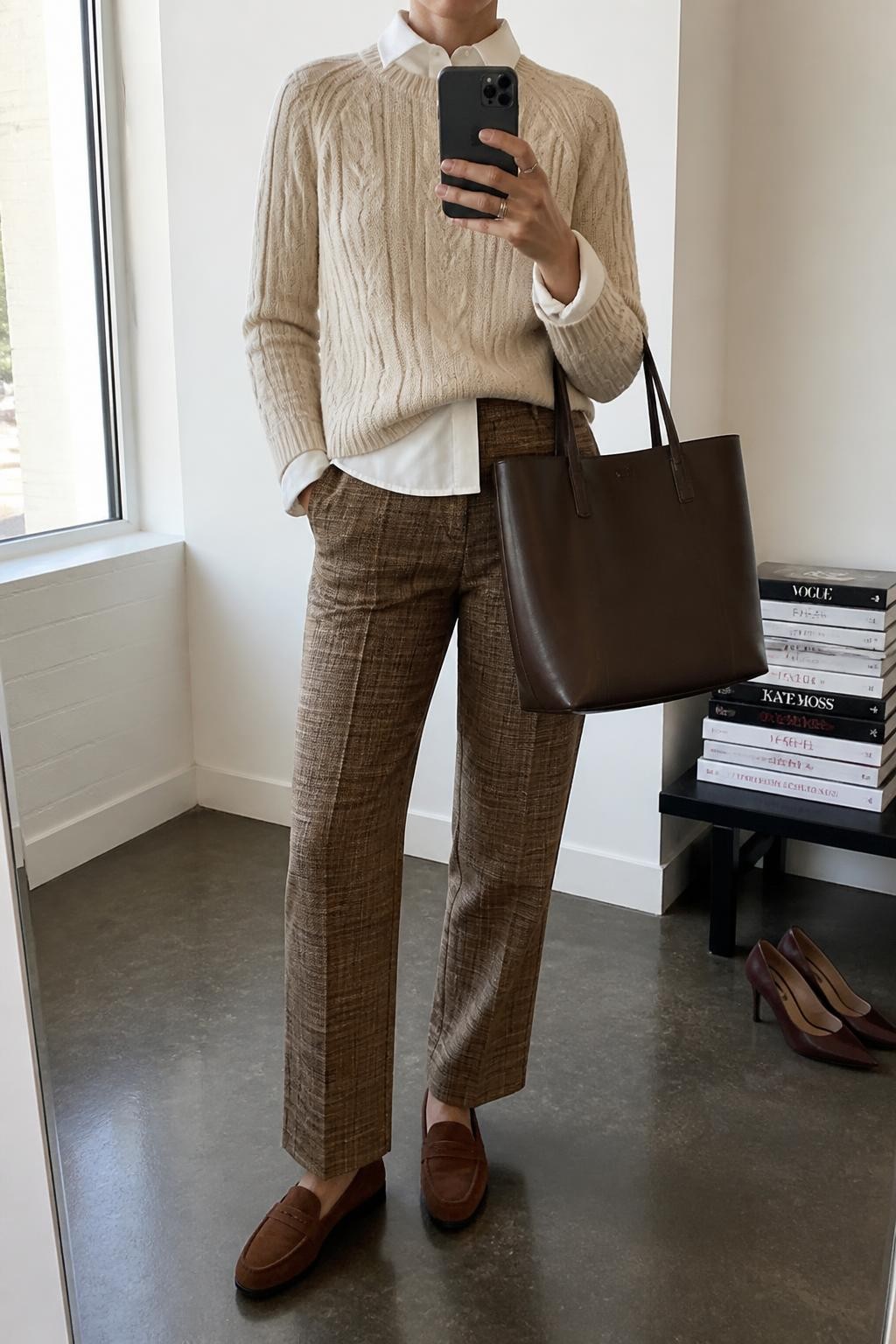 mirror selfie of a woman wearing an oatmeal cable-knit crewneck sweater with a small front tuck layered over an ivory cotton button-down shirt with the collar and cuffs visible, brown and camel plaid straight-leg trousers, chestnut suede loafers, and a dark brown leather tote bag, clearly showing the exact clothing items, colors, plaid pattern, fabrics, shoes, and bag listed in the Outfit Pieces section, holding a phone in front of a mirror, cropped at NECK so the face does not show, relaxed preppy selfie pose in a fashion studio mirror corner, natural window light, with a stack of fashion magazines on a side table and a pair of heels on the floor nearby, realistic cable knit, cotton, trouser, suede, and leather textures, latest iPhone photo quality