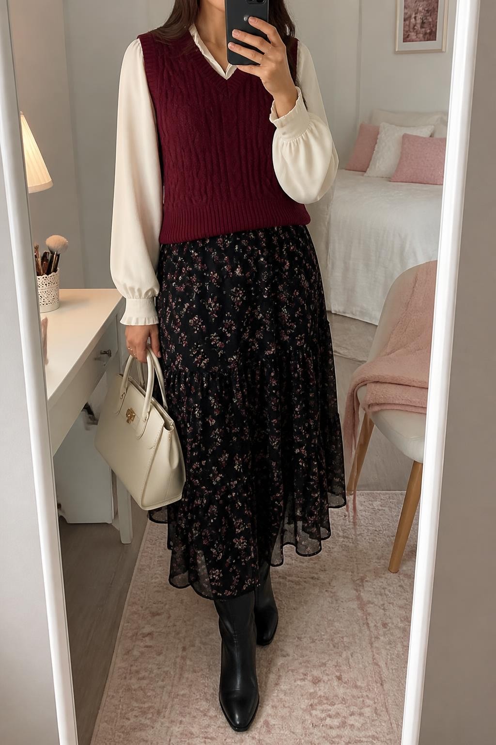 Mirror selfie of a woman wearing a black chiffon maxi skirt with small burgundy and cream floral prints, burgundy cable-knit vest layered over a cream long-sleeve blouse, black leather knee-high boots, and structured cream handbag, clearly showing the exact clothing items, colors, fabrics, and accessories listed, holding a phone colors, fabrics, and accessories listed, holding a phone in front of a feminine-themed bedroom mirror, cropped at the neck so the face does not show, relaxed casual selfie pose, soft indoor lighting, makeup brush on the vanity and a folded blanket on a chair, realistic and uncluttered, latest iPhone photo quality.
