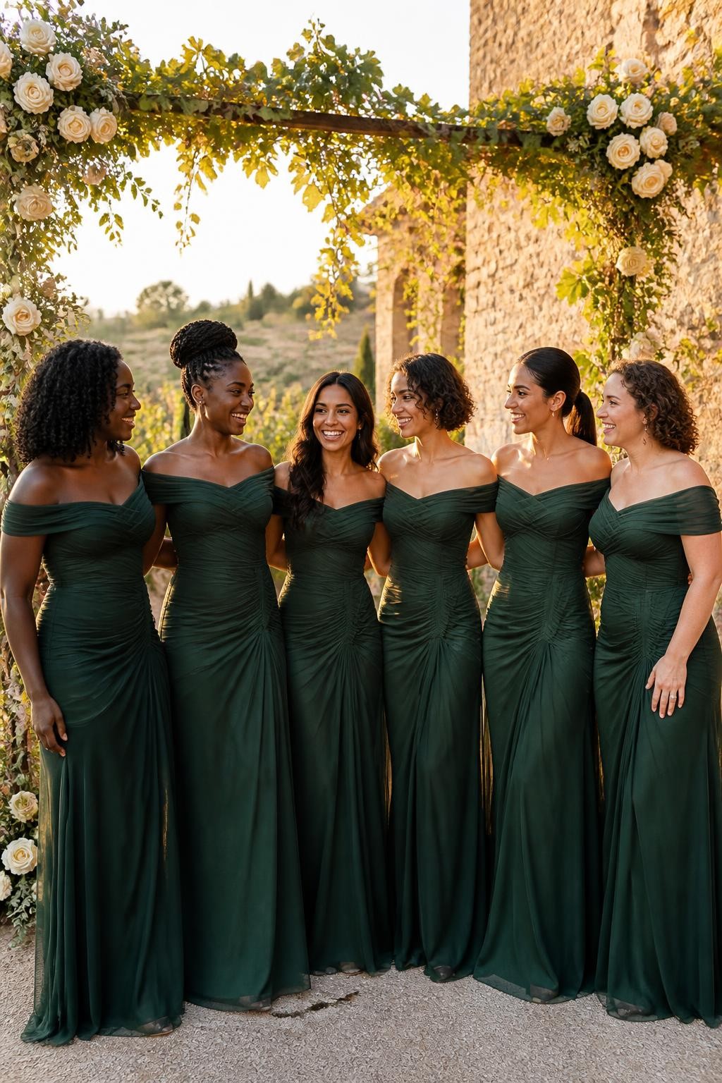 Realistic vineyard wedding photograph of six bridesmaids wearing dark jade gowns made from fine stretch mesh over smooth crepe lining, wide off-shoulder draped necklines, diagonal ruching across the torso, elongated dropped waists, and softly gathered floor-length skirts beginning near the upper hips, women with deep ebony, rich brown, medium brown, golden tan, olive, and fair skin tones, varied ages, bust sizes, torso lengths, and body shapes represented naturally, bright joyful faces with realistic skin texture, hairstyles including shoulder-length coils, wrapped braided bun, long waves, short curly bob, sleek ponytail, and natural curls, standing beneath an outdoor ceremony arch surrounded by ivory roses, grapevines, pale stone walls, and warm sunset light, believable mesh transparency, subtle gathering, natural shadows, and candid interaction.