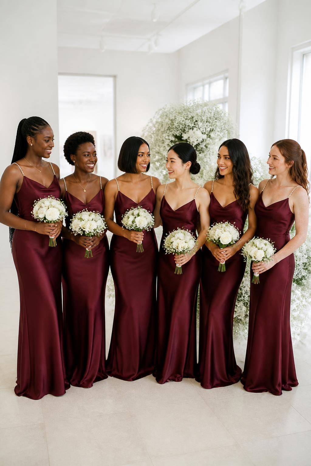 Realistic bright indoor wedding photograph of six bridesmaids wearing Bordeaux burgundy satin slip dresses with narrow pearl-beaded shoulder straps, necklines varying slightly between straight, scoop, and soft cowl shapes, women with ebony, deep brown, reddish brown, olive, East Asian light beige, and fair freckled complexions, varied heights and body shapes, bright relaxed faces, realistic smiles, natural makeup and skin texture, hairstyles including long braids, short coils, smooth bob, low bun, soft curls, and loose waves, standing inside a sunlit art gallery with white walls, pale limestone floors, large windows, and minimal white floral installations, pearls reflecting tiny points of light, realistic satin draping across each figure, clean high-resolution DSLR photography.
