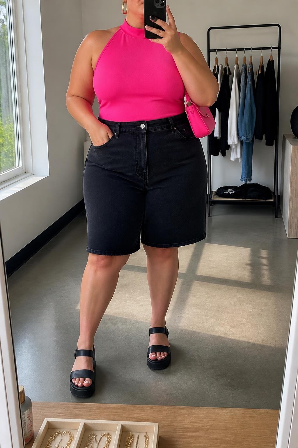 Mirror selfie of a plus size woman wearing black high-waisted denim jorts with a relaxed knee-length cut, a fitted hot pink halter-neck top with a wide supportive neck band, black platform sandals, a small hot pink shoulder bag, and chunky gold hoop earrings, clearly showing the exact clothing items, black denim, hot pink fabric, colors, footwear, and accessories listed, holding a phone in front of a mirror, cropped at the neck so the face is hidden, relaxed bold selfie pose, in a minimal dressing room with natural window light, a clothing rack with garments behind her and a jewelry tray on the vanity, realistic summer evening styling, latest iPhone photo quality.