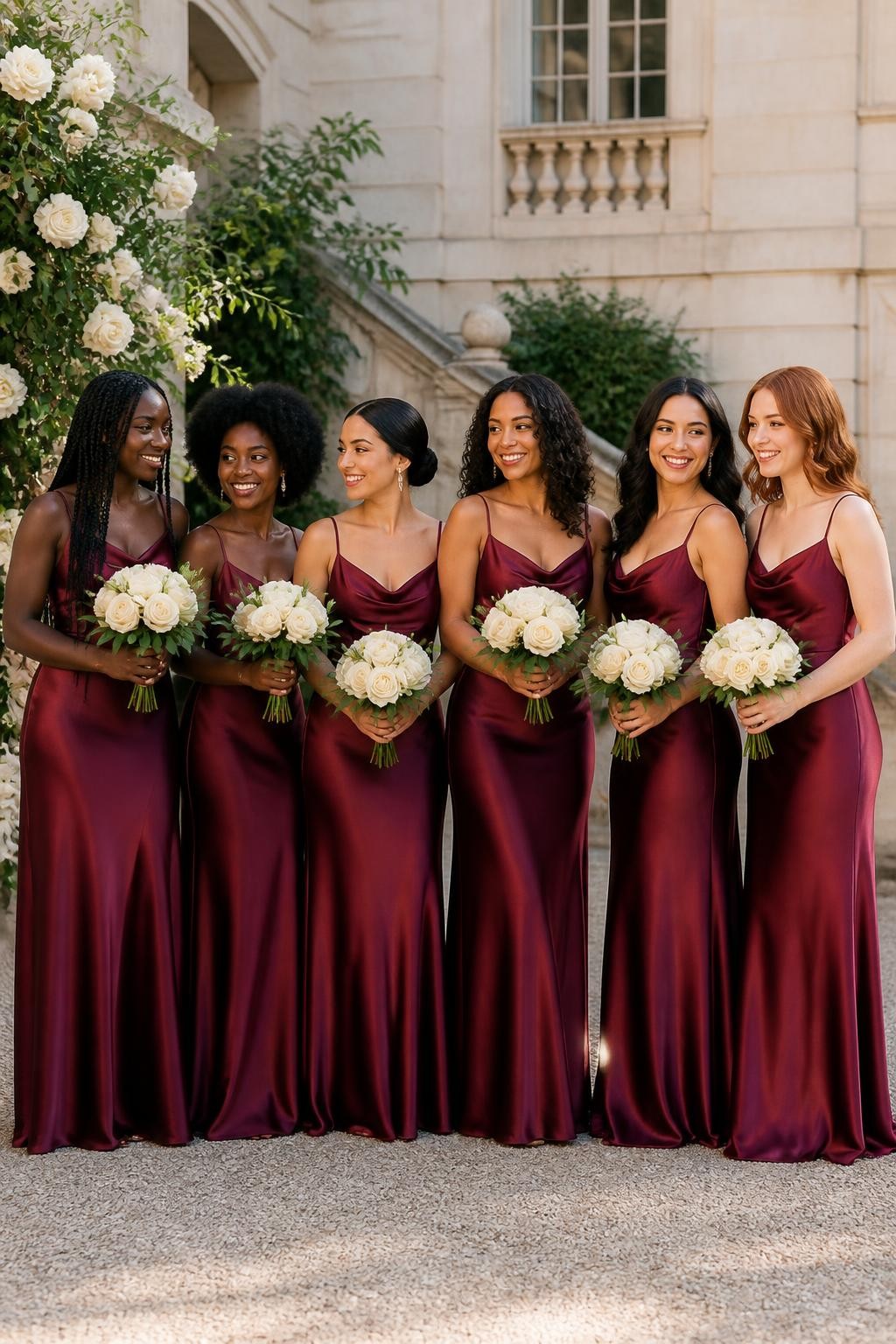 Realistic full-frame DSLR wedding photograph of six bridesmaids wearing floor-length mulberry burgundy satin gowns with softly draped cowl necklines, narrow adjustable straps, shaped waists, and fluid bias-cut skirts, women with deep ebony, rich brown, warm caramel, olive, East Asian light beige, and fair freckled skin tones, varied heights, ages, and body shapes, bright beautiful faces with distinct features, realistic skin texture, natural smiles, makeup carefully matched to each complexion, hairstyles including long knotless braids, a rounded afro, sleek low bun, shoulder-length curls, and brushed waves, standing in a romantic estate courtyard with cream stone walls, ivory roses, dark greenery, and warm late-afternoon light, believable satin highlights, natural fabric folds, relaxed editorial poses, polished but human wedding photography.