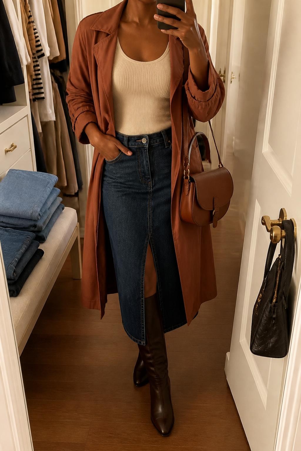 mirror selfie of a Black woman wearing an open rust cotton trench coat over a cream fitted ribbed scoop-neck top tucked into a dark-wash front-slit denim midi skirt, chocolate leather knee-high boots, and a cognac leather saddle bag, clearly showing the exact clothing items, colors, fabrics, boots, and bag listed in the Outfit Pieces section, holding a phone in front of a mirror, cropped at NECK so the face does not show, relaxed feminine selfie pose in a walk-in closet mirror, evening golden hour light, with folded denim jeans on a bench and a handbag hanging on a door handle, realistic cotton, ribbed knit, denim, and leather textures, latest iPhone photo quality