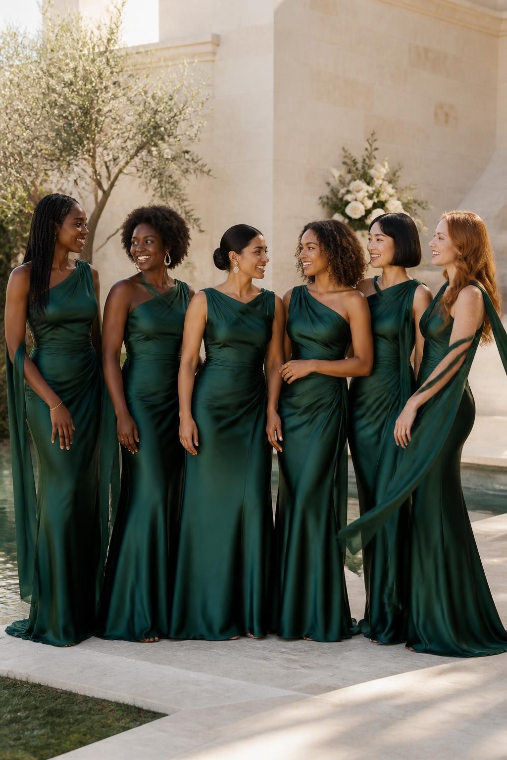 Realistic full-frame DSLR wedding photograph of six bridesmaids wearing floor-length forest green liquid-satin gowns with softly draped asymmetric necklines, long narrow chiffon scarves attached at one shoulder, diagonal gathering across the waist, and fluid column skirts, women with deep ebony, rich mahogany, warm caramel, South Asian olive, East Asian light beige, and fair freckled skin tones, naturally varied ages, heights, bust sizes, and body shapes, bright beautiful faces with distinct individual features, visible natural skin texture, genuine smiles, and makeup carefully suited to each complexion, hairstyles including long knotless braids, a rounded natural afro, sleek low bun, shoulder-length curls, polished bob, and loose waves, standing in a cream limestone courtyard with ivory roses, olive trees, and a shallow reflecting pool, late-afternoon sunlight revealing blue-green highlights in the satin, natural fabric ripples, lightly windblown scarves, and relaxed conversational poses.