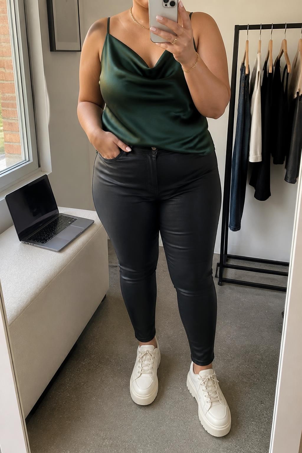 Mirror selfie of a plus size woman wearing Coated Skinny Jeans & Draped Satin Camisole, and cream platform sneakers, clearly showing the same outfit pieces, colors, textures, and accessories listed, holding a phone in front of a mirror, cropped at the neck so her face is not visible, relaxed casual stance, in a minimal dressing room with natural window light, a laptop resting on a bench and a clothing rack with garments behind her, realistic everyday mirror selfie, latest iPhone photo quality.