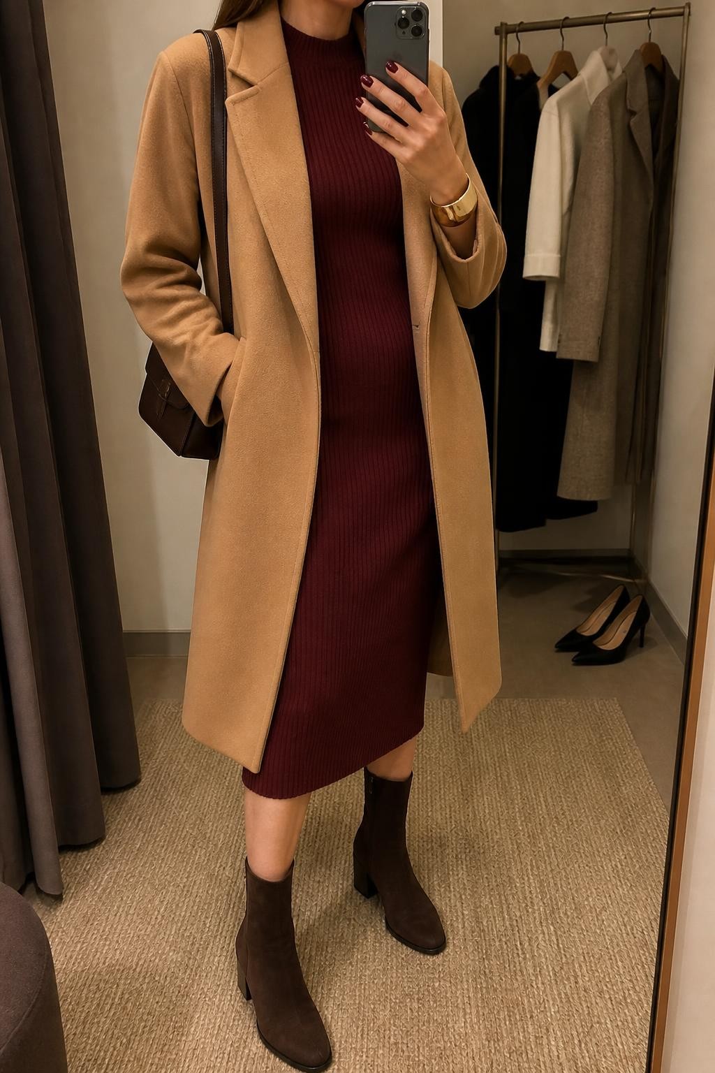 mirror selfie of a woman wearing an open camel knee-length wool-blend coat over a burgundy ribbed long-sleeve midi dress, chocolate suede block-heel ankle boots, a dark brown structured shoulder bag, and a brushed gold cuff bracelet, clearly showing the exact clothing items, colors, fabrics, boots, bag, and bracelet listed in the Outfit Pieces section, holding a phone in front of a mirror, cropped at NECK so the face does not show, relaxed polished selfie pose in a minimal dressing room, warm moody lighting, with a clothing rack holding a few garments behind her and a pair of heels on the floor nearby, realistic wool, ribbed knit, suede, leather, and metal textures, latest iPhone photo quality