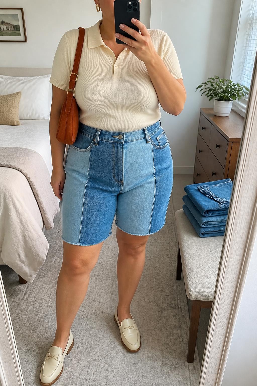 Mirror selfie of a plus size woman wearing high-waisted patchwork denim jorts with mixed light and medium blue panels and a relaxed straight cut, a fitted cream short-sleeve knit polo, cream leather loafers, a rust suede shoulder bag, and delicate gold rectangular earrings, clearly showing the exact clothing items, mixed denim panels, cream knit, footwear, and accessories listed, holding a phone in front of a mirror, cropped at the neck so her face is hidden, relaxed polished selfie stance, in a cozy bedroom mirror setup with natural window light, folded denim jeans on a bench and a small plant on a dresser, realistic daytime outfit, latest iPhone photo quality.