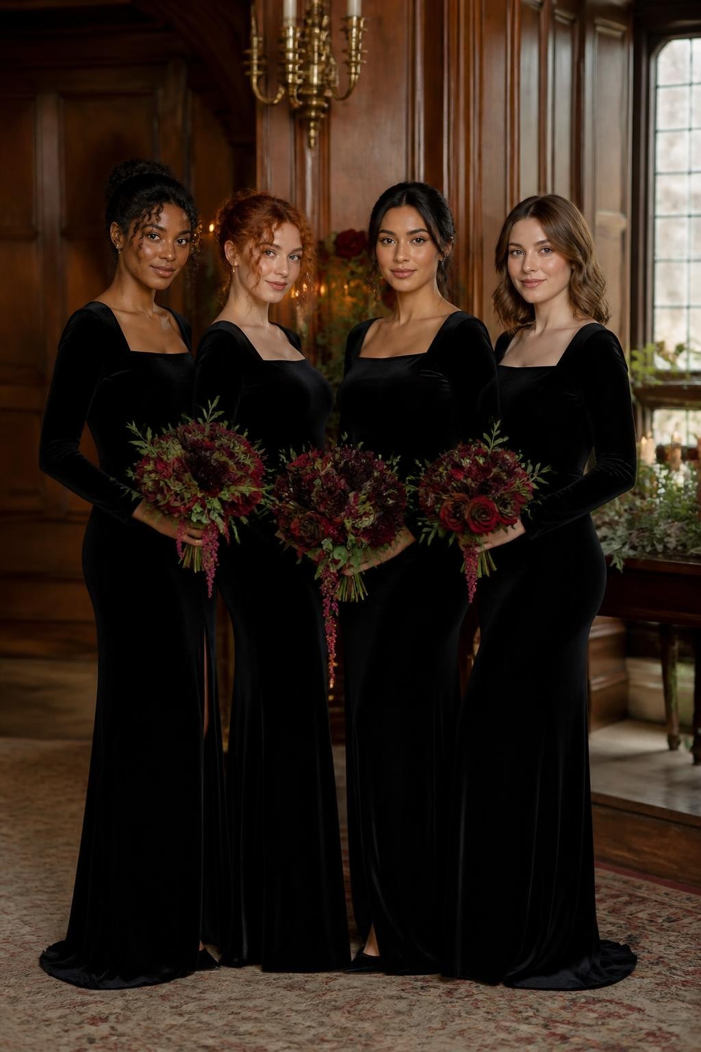 Realistic winter wedding photograph of four bridesmaids wearing rich black velvet column gowns with wide square necklines, full-length sleeves, fitted waists, and subtle back slits, women with deep cool brown, warm copper, olive, and fair rosy skin, radiant individual faces, realistic winter makeup, natural curls, a polished low bun, and shoulder-length waves, standing inside a historic wood-paneled venue decorated with candlelight, dark red roses, antique brass details, and evergreen garlands, soft window light revealing the velvet pile and natural changes in texture, dresses showing believable folds at the elbows and waist, sophisticated DSLR editorial image.