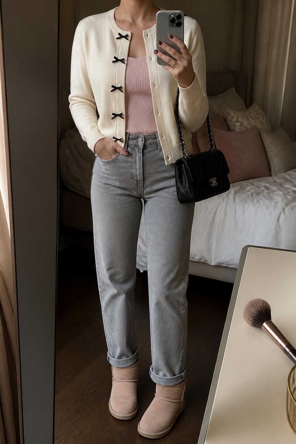 mirror selfie of a woman wearing an ivory fine-knit cardigan with small black velvet bows buttoned halfway over a blush fitted scoop-neck knit top, soft gray high-rise straight-leg jeans cuffed once, dusty blush mini Ugg boots, and a black quilted shoulder bag, clearly showing the exact clothing items, colors, fabrics, bows, boots, and bag listed in the Outfit Pieces section, holding a phone in front of a mirror, cropped at NECK so the face does not show, relaxed feminine selfie pose in a cozy bedroom mirror setup, warm moody lighting, with soft pillows on an unmade bed and a makeup brush on a nearby counter, realistic fine knit, velvet, denim, suede, and quilted textures, latest iPhone photo quality