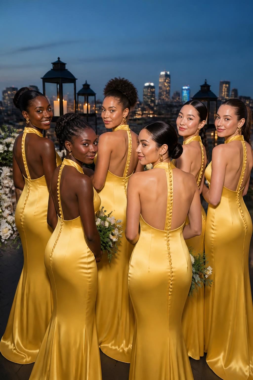 Realistic stylish wedding photograph of six bridesmaids wearing citrus yellow satin gowns with high gathered necklines, sleeveless shoulders, fitted waists, and elegant open backs secured with small covered buttons, women with very deep brown, dark brown, cinnamon, golden olive, East Asian fair, and pale rosy skin tones, bright poised faces with realistic skin and varied facial features, hair styled in sculptural buns, braided updos, natural puffs, and polished ponytails to reveal the back details, photographed on a modern hotel rooftop at dusk with warm city lights, black lanterns, white flowers, and a soft blue evening sky, realistic satin highlights and small wrinkles where the women move, editorial DSLR wedding photography.