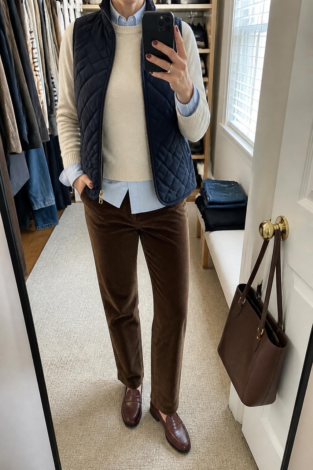 mirror selfie of a woman wearing an open navy diamond-quilted vest over a cream fine-knit crewneck sweater layered above a pale blue cotton button-down shirt with the collar and cuffs visible, chocolate straight-leg corduroy trousers, and burgundy leather loafers, clearly showing the exact clothing items, colors, fabrics, shoes, collar, and cuffs listed in the Outfit Pieces section, holding a phone in front of a mirror, cropped at NECK so the face does not show, relaxed preppy selfie pose in a walk-in closet mirror, natural window light, with folded denim jeans on a bench and a handbag hanging on a door handle, realistic quilting, cotton, knit, corduroy, and leather textures, latest iPhone photo quality