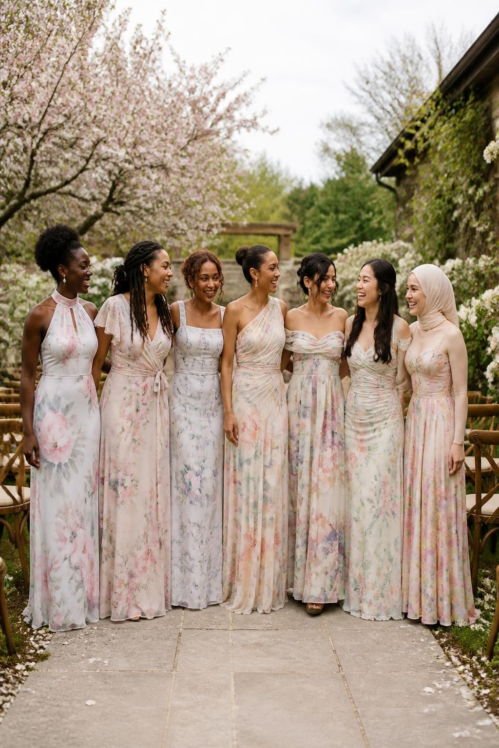 Realistic spring wedding photograph of seven bridesmaids wearing intentionally coordinated floral-print gowns with soft cream bases and delicate watercolor flowers in blush pink, lavender, butter yellow, powder blue, and mint, dress shapes including a fitted halter gown, flutter-sleeve wrap dress, square-neck column, one-shoulder chiffon gown, off-shoulder dress, gathered slip gown, and softly corseted A-line dress, women with very deep brown, deep neutral brown, reddish brown, golden tan, olive, East Asian fair, and pale rosy skin, varied ages, heights, and body shapes, bright happy faces and genuine laughter, hairstyles including natural coils, locs, braids, waves, sleek buns, and softly wrapped hijab, standing in an English-style garden with white roses, flowering trees, pale stone paths, and wooden ceremony chairs, soft overcast daylight creating accurate print colors, realistic fabric texture and relaxed group spacing.