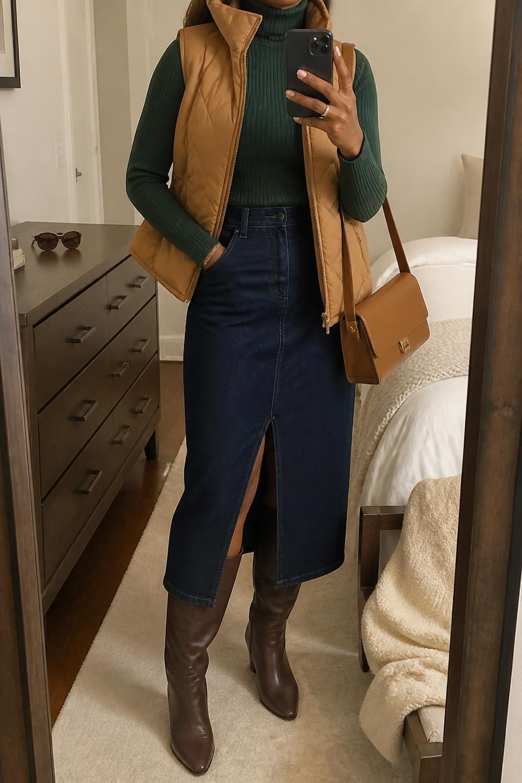mirror selfie of a Black woman wearing an open camel quilted puffer vest over a forest green fitted ribbed turtleneck, a dark-wash front-slit denim midi skirt, chocolate leather knee-high boots, and a tan structured shoulder bag, clearly showing the exact clothing items, colors, fabrics, boots, and bag listed in the Outfit Pieces section, holding a phone in front of a mirror, cropped at NECK so the face does not show, relaxed feminine selfie pose in a cozy bedroom mirror setup, soft indoor lighting, with a folded blanket on a chair and sunglasses placed on a dresser, realistic quilting, ribbed knit, denim, and leather textures, latest iPhone photo quality