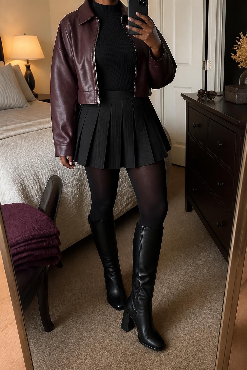 mirror selfie of a Black woman wearing an open deep plum cropped faux-leather jacket over a black fitted ribbed mock-neck top, a black pleated mini skirt, black opaque tights, and black knee-high block-heel boots, clearly showing the exact clothing items, colors, fabrics, tights, and boots listed in the Outfit Pieces section, holding a phone in front of a mirror, cropped at NECK so the face does not show, relaxed confident selfie pose in a cozy bedroom mirror setup, warm moody lighting, with a folded blanket on a chair and sunglasses placed on a dresser, realistic faux-leather, ribbed knit, pleated fabric, tights, and leather-look textures, latest iPhone photo quality