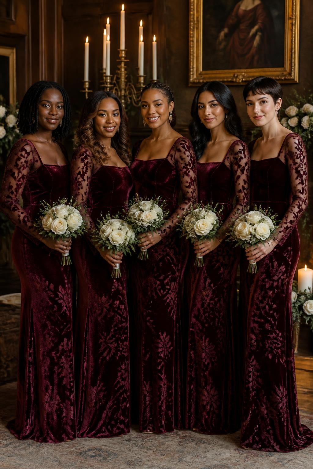 Realistic cool-season wedding portrait of five bridesmaids wearing deep maroon velvet burnout gowns with semi-sheer botanical patterns woven through the long sleeves and upper skirts, wide square necklines, fitted waists, and soft floor-length column silhouettes, women with very deep brown, warm mahogany, medium golden, olive, and pale rosy skin tones, bright elegant faces with realistic pores and softly defined makeup, hairstyles including shoulder-length locs, sculpted curls, low braided bun, glossy waves, and short pixie cut, standing inside a historic reception hall with dark wood walls, ivory taper candles, cream roses, antique brass details, and evergreen foliage, warm side lighting revealing the raised velvet flowers and sheer sections, believable creases around the elbows and waist.