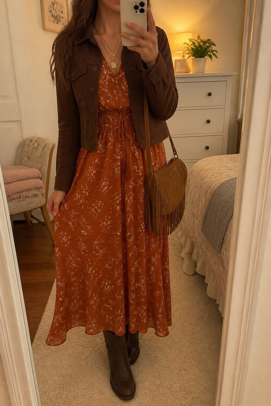 Mirror selfie of a woman wearing a flowing rust-orange maxi dress with subtle cream floral prints, a cropped chocolate-brown suede jacket, dark brown leather ankle boots, a tan fringed crossbody bag, and layered antique-gold necklaces, clearly showing the exact clothing items, colors, fabrics, and accessories listed, holding a phone in front of a feminine-themed bedroom mirror, cropped at the neck so the face does not show, relaxed casual selfie pose, evening golden-hour lighting, a folded blanket on a chair and a small plant on a dresser, natural and uncluttered, latest iPhone photo quality.