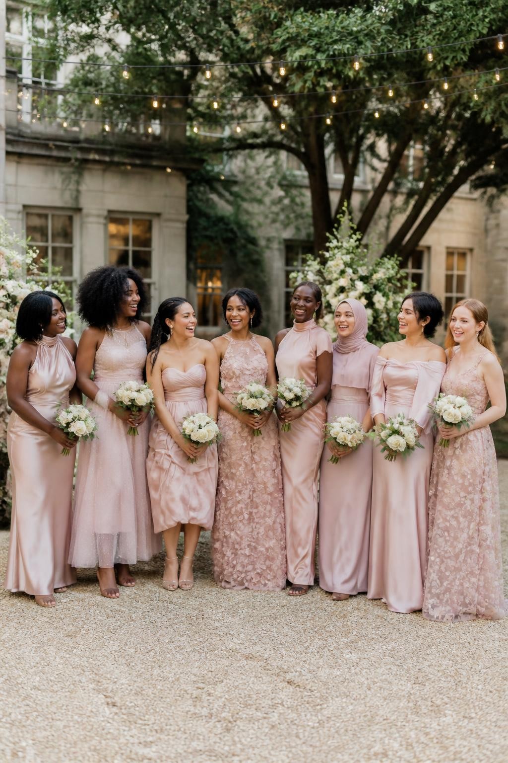 Realistic large bridal-party photograph of eight bridesmaids wearing intentionally coordinated dresses in pale blush, dusty blush, rosy beige, rose blush, pink champagne, muted shell pink, warm blush, and deep blush, fabrics including liquid satin, matte crepe, Swiss-dot organza, pleated chiffon, tonal jacquard, stretch mesh, silk faille, and airy organza, silhouettes including a shoulder-scarf satin gown, basque-waist ballerina dress, bubble-hem midi, dimensional-camellia gown, halter peplum column, capelet dress, off-shoulder ruched gown, and botanical toile design, women with very deep, deep brown, reddish brown, golden, olive, tan, East Asian fair, and pale freckled skin tones, broad representation of ages, heights, and body shapes, bright beautiful faces and genuine laughter, hairstyles including natural coils, braids, locs, waves, sleek buns, short cuts, and a softly styled hijab, standing in a lush estate courtyard with cream stone, mature trees, ivory flowers, and warm string lights, every fabric responding differently to the evening light, realistic spacing and candid movement.