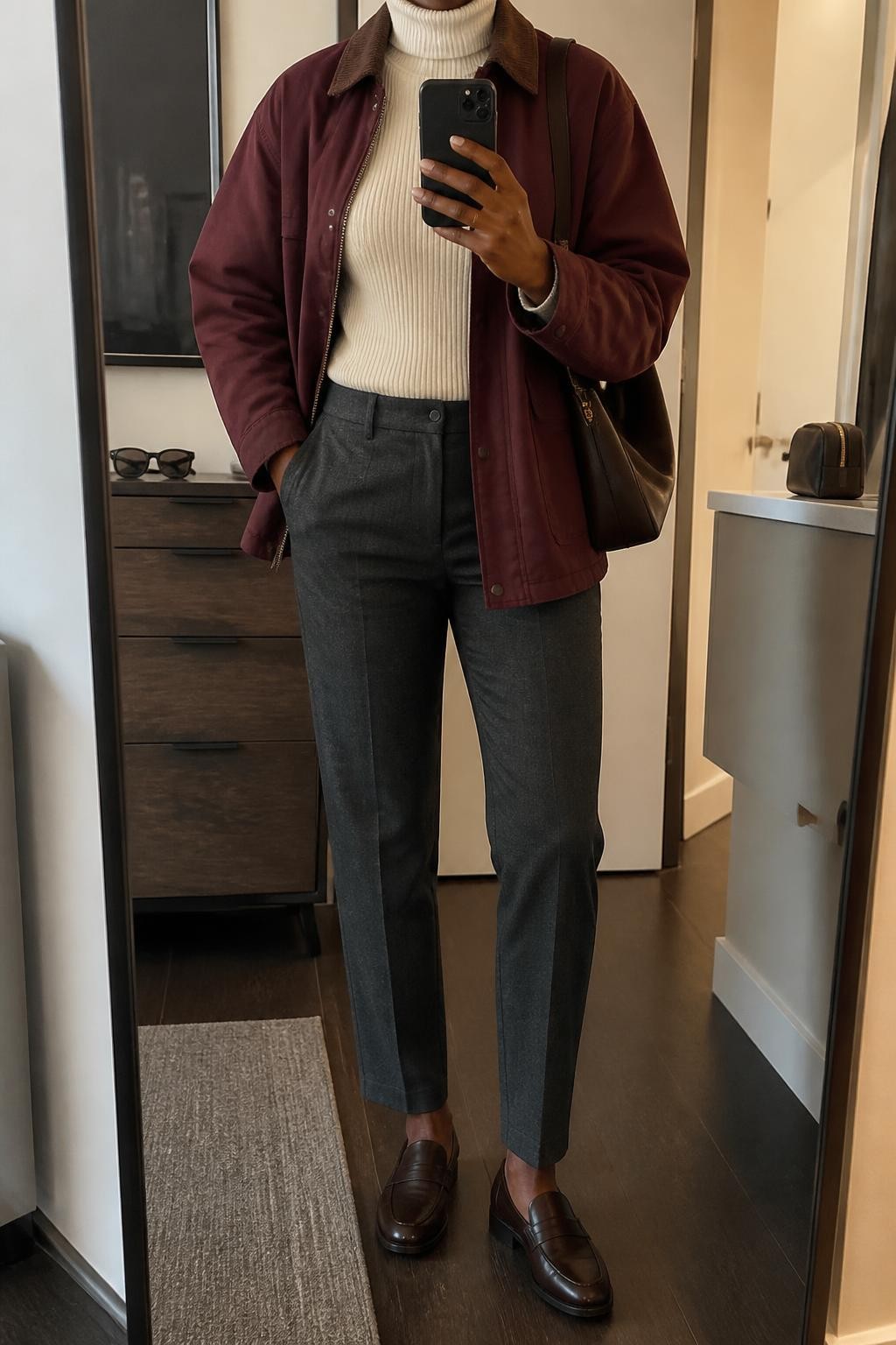 mirror selfie of a Black woman wearing an open burgundy cotton barn jacket with a brown corduroy collar over a cream fitted ribbed turtleneck, charcoal gray straight-leg wool trousers stopping just above dark brown leather loafers, and a chocolate structured shoulder bag, clearly showing the exact clothing items, colors, fabrics, shoes, and bag listed in the Outfit Pieces section, holding a phone in front of a mirror, cropped at NECK so the face does not show, relaxed business casual selfie pose in a stylish city apartment, warm moody lighting, with sunglasses placed on a dresser and a cosmetic bag on a nearby counter, realistic cotton, corduroy, ribbed knit, wool, and leather textures, latest iPhone photo quality