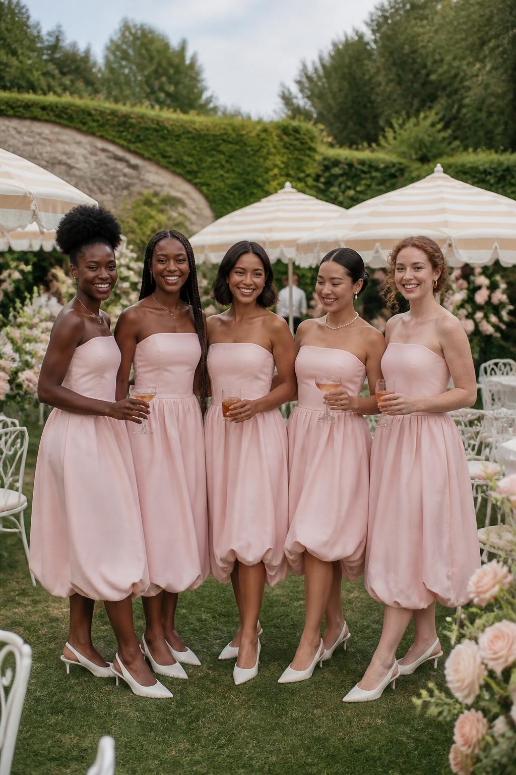 Realistic fashion-forward garden wedding image of five bridesmaids wearing blush pink tea-length dresses with clean strapless bodices, softly dropped waists, and rounded bubble hems ending at mid-calf, women with deep ebony, dark warm brown, medium caramel, East Asian light beige, and fair freckled skin, different heights and body shapes, bright joyful faces with natural expressions, realistic skin texture and understated makeup, hairstyles including a sculpted afro puff, long braids, shoulder-length bob, polished bun, and soft curls, standing at a garden reception with white bistro chairs, striped cream parasols, pale pink roses, iced drinks, and neatly trimmed hedges, clear afternoon light, elegant slingback shoes visible, natural folds and slight unevenness in the rounded hems, polished DSLR editorial photography.