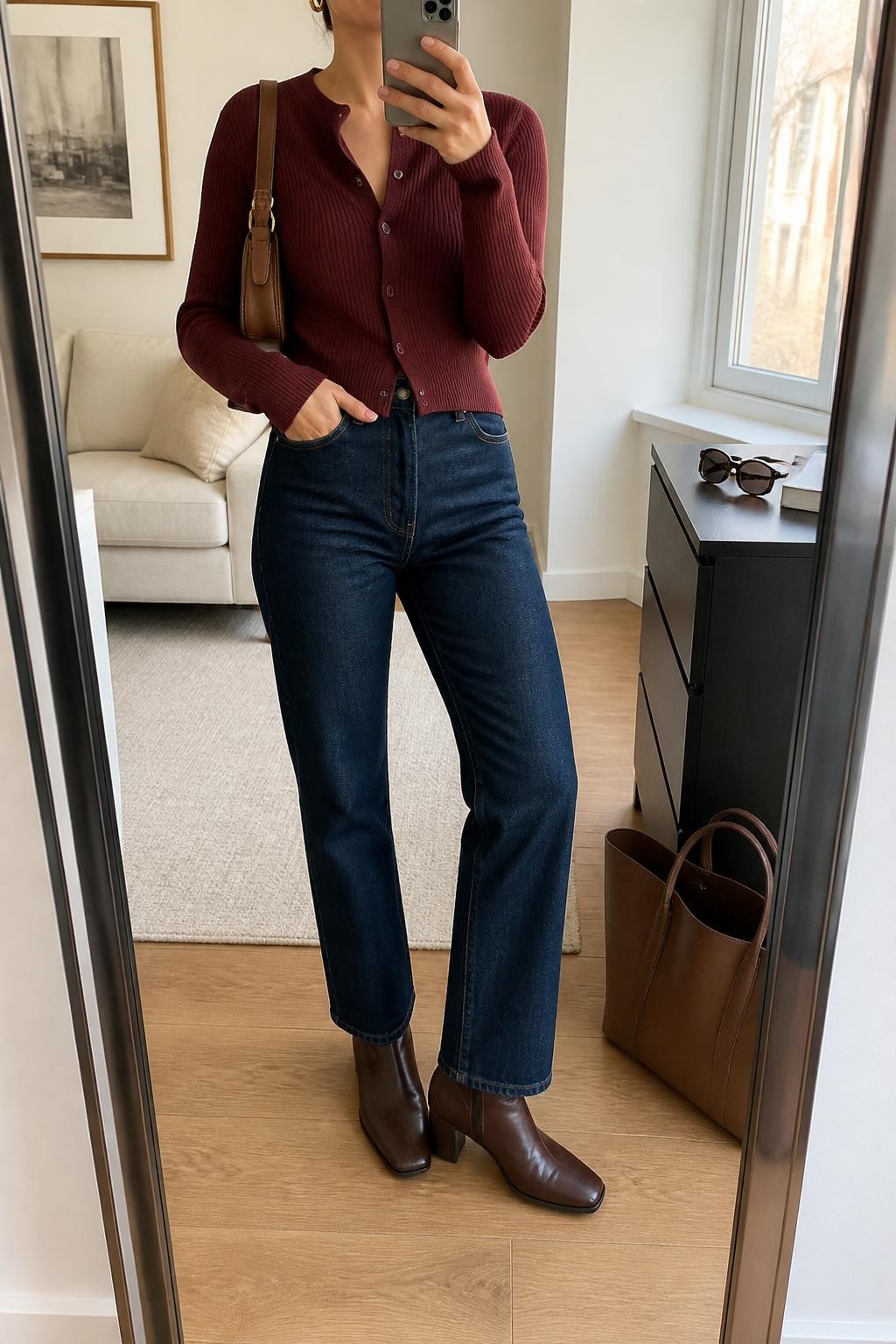 Mirror selfie of a woman wearing a fitted burgundy ribbed button-front cardigan, dark indigo high-waisted straight-leg jeans, chocolate-brown leather ankle boots, a structured tan shoulder bag, and small gold hoop earrings, clearly showing the exact clothing items, colors, fabrics, and accessories listed, holding a phone in front of a stylish city apartment mirror, cropped at the neck so the face does not show, relaxed casual selfie pose, natural window light, sunglasses placed on a dresser and a tote bag resting on the floor, natural and uncluttered, latest iPhone photo quality.