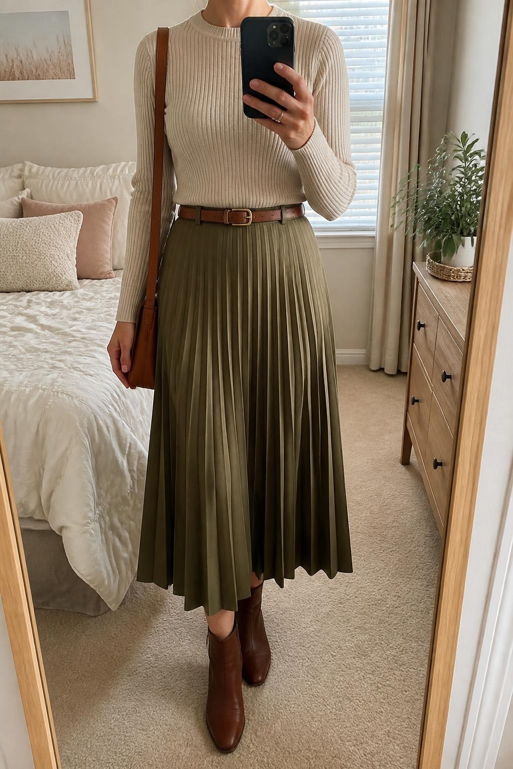 mirror selfie of a woman wearing an oatmeal fitted ribbed crewneck sweater tucked into an olive pleated midi skirt, a slim brown leather belt positioned over the waistband, brown leather ankle boots, and a cognac leather shoulder bag, clearly showing the exact clothing items, colors, fabrics, belt, boots, and bag listed in the Outfit Pieces section, holding a phone in front of a mirror, cropped at NECK so the face does not show, relaxed office-ready selfie pose in a feminine-themed bedroom, natural window light, with soft pillows on an unmade bed and a small plant on a dresser, realistic ribbed knit, pleated fabric, and leather textures, latest iPhone photo quality