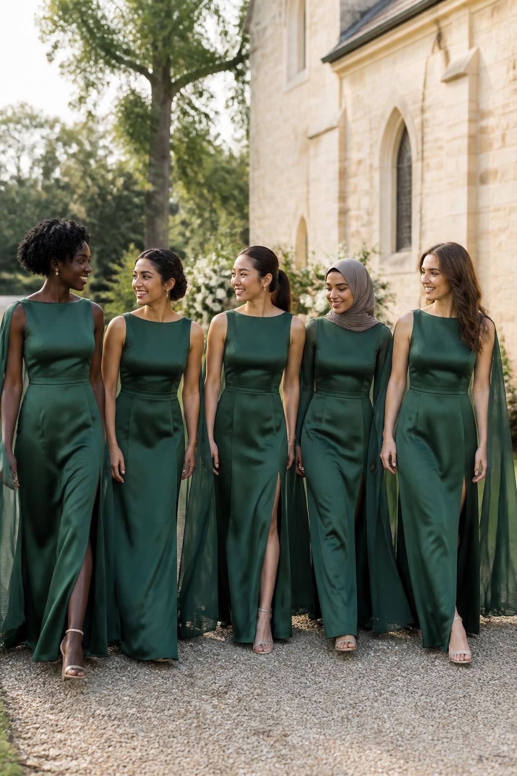 Realistic outdoor wedding photograph of five bridesmaids wearing spruce green matte-satin gowns with clean boat necklines, sleeveless fitted bodices, softly defined waists, and long split chiffon cape panels falling from the shoulders down the back, women of West African, South Asian, East Asian, Middle Eastern, and European appearance with deep, golden brown, olive, tan, and fair complexions, bright expressive faces with individual features, realistic skin texture and subtle makeup, hairstyles including natural coils, a braided crown, softly wrapped hijab, polished ponytail, and loose waves, walking beside a pale stone countryside chapel surrounded by mature trees, ivory flowers, and clipped hedges, light breeze lifting the cape panels naturally, visible chiffon transparency, gentle shadows, and believable body proportions.
